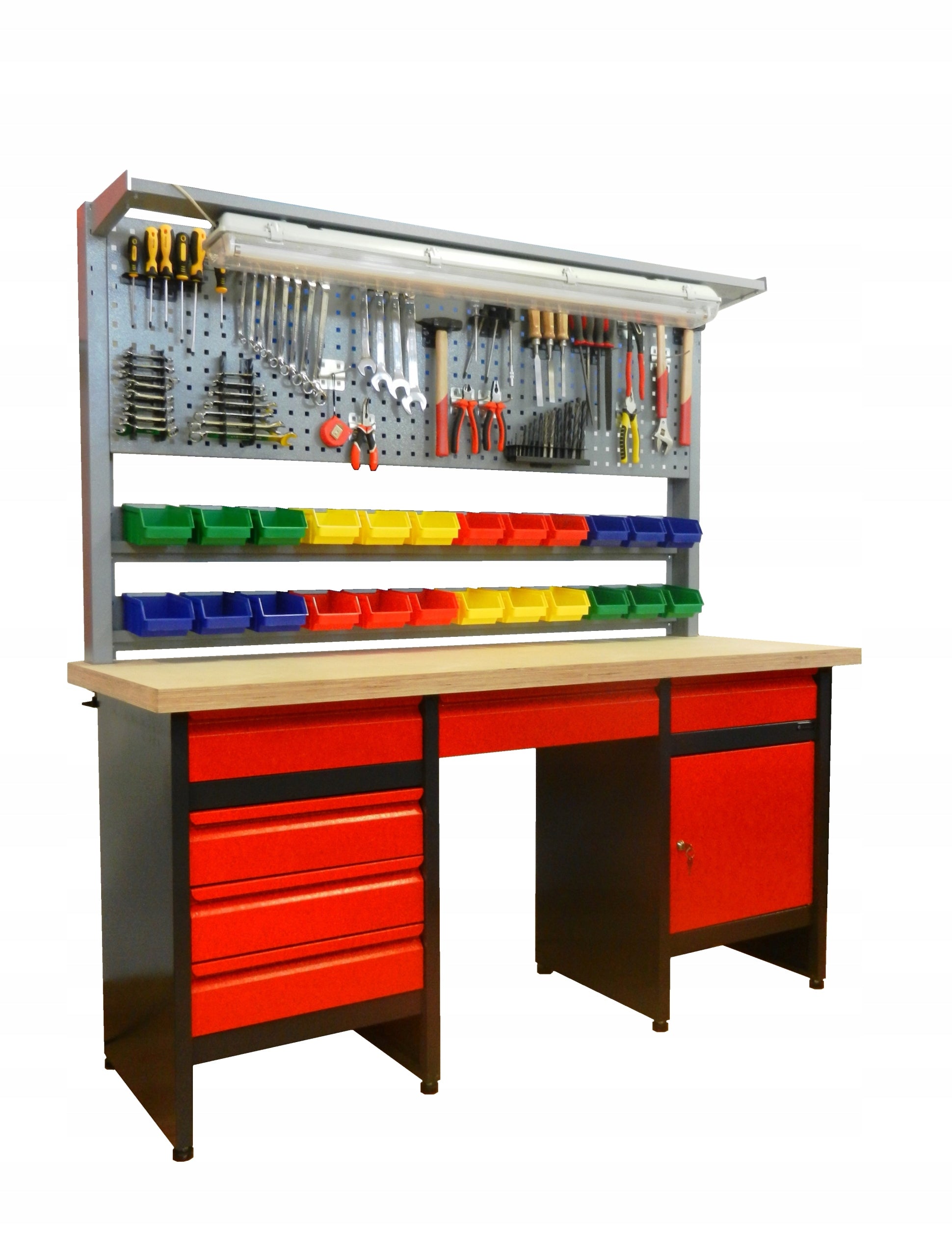 A workbench for a locksmith's garage, tools, COLORS, drawers, and a cabinet
