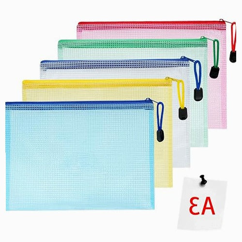 A3 DOCUMENT BAGS WITH ZIPPER SET OF 5 COLORS plastic