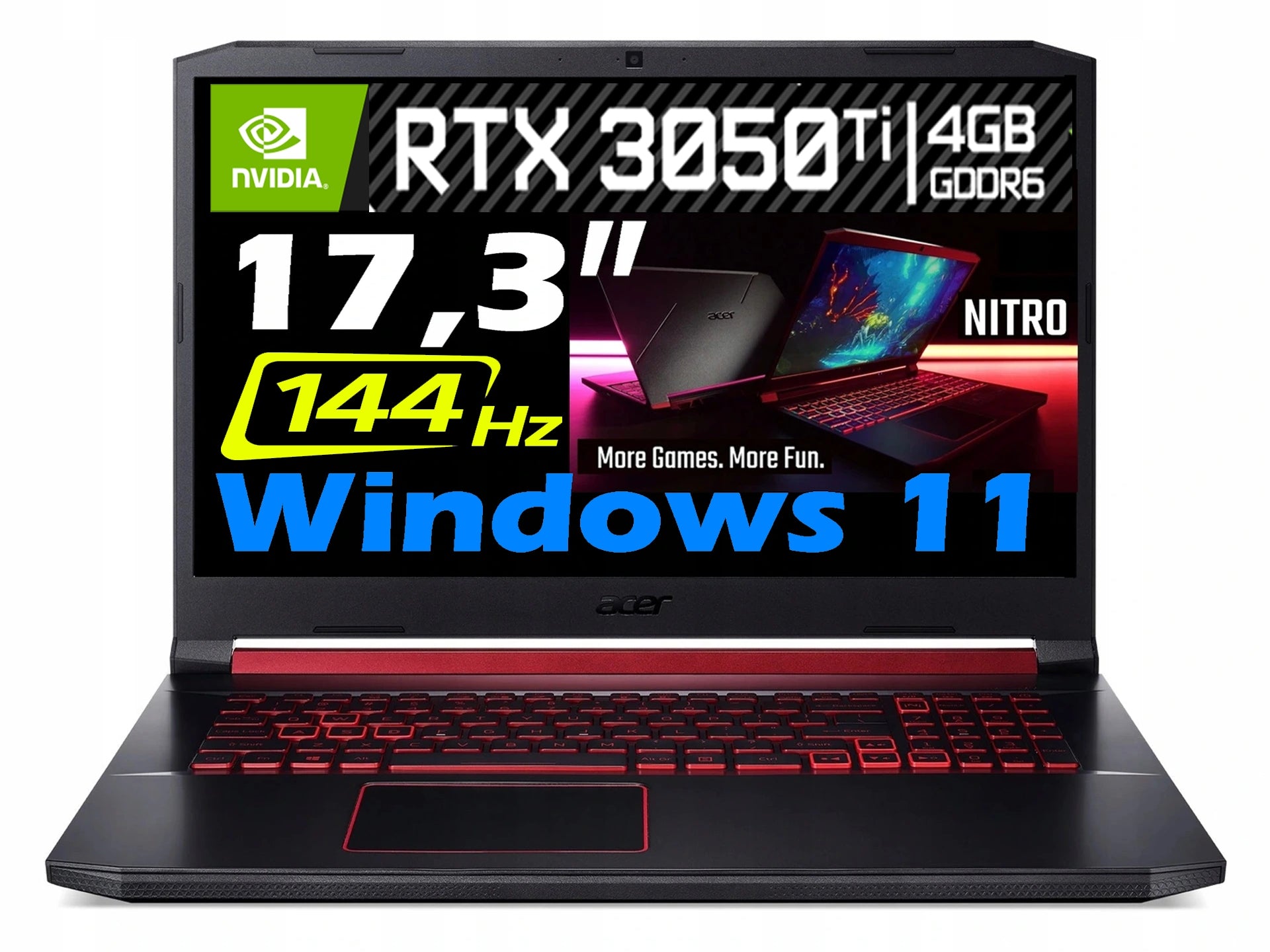 ACER NITRO i5 32GB M.2 SSD 512 W10W11 Gaming Laptop RTX3050Ti