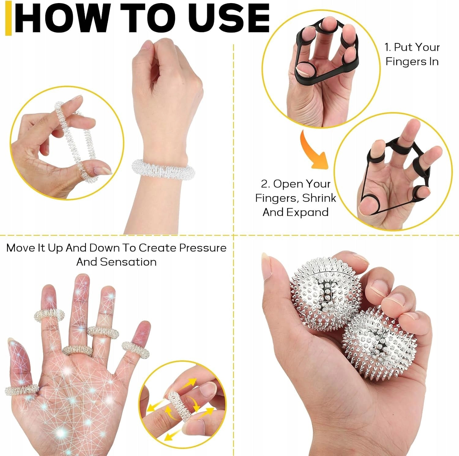 ACUPRESSURE MASSAGE SET 4 HEDGEHOG BALLS + RINGS + BRACELETS Manufacturer code ZESTAW MASAŻU AKUPRESURY PIŁKI JEŻOWE PI