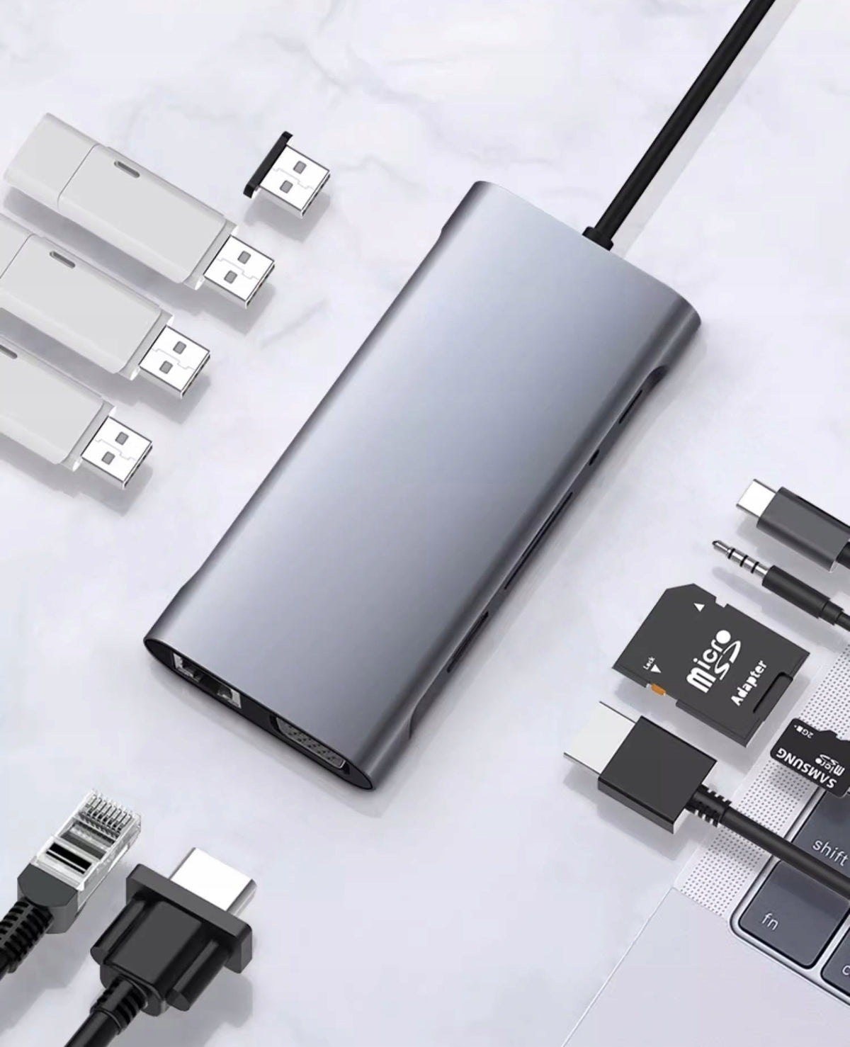 ADAPTER HUB SPLITTER USB USB-C LAN RJ45 HDMI CARD READER MICROSD AUX Packaging status original