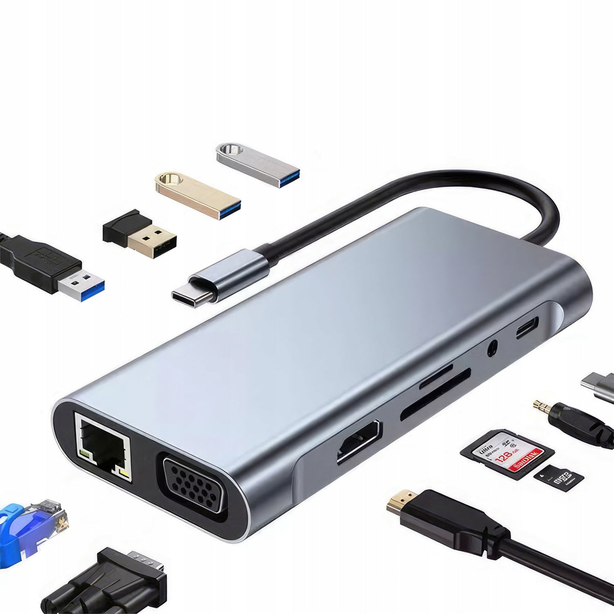 ADAPTER HUB SPLITTER USB USB-C LAN RJ45 HDMI CARD READER MICROSD AUX