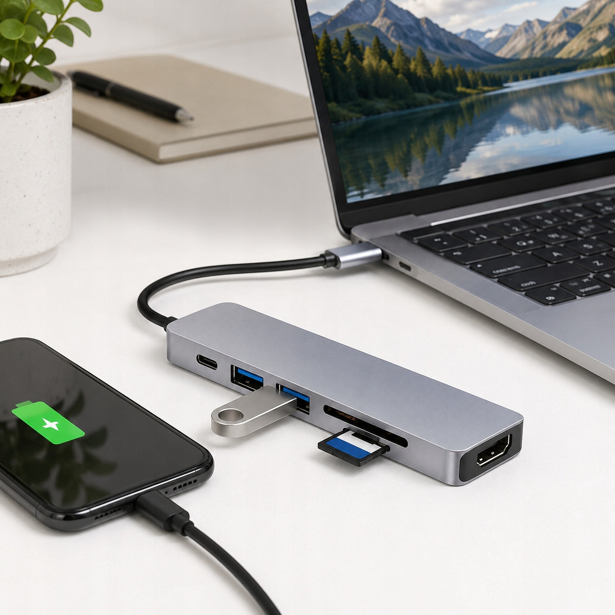 ADAPTER HUB USB-C 6IN1 HDMI 4K USB 3.0 SD TF FOR LAPTOP Packaging status original
