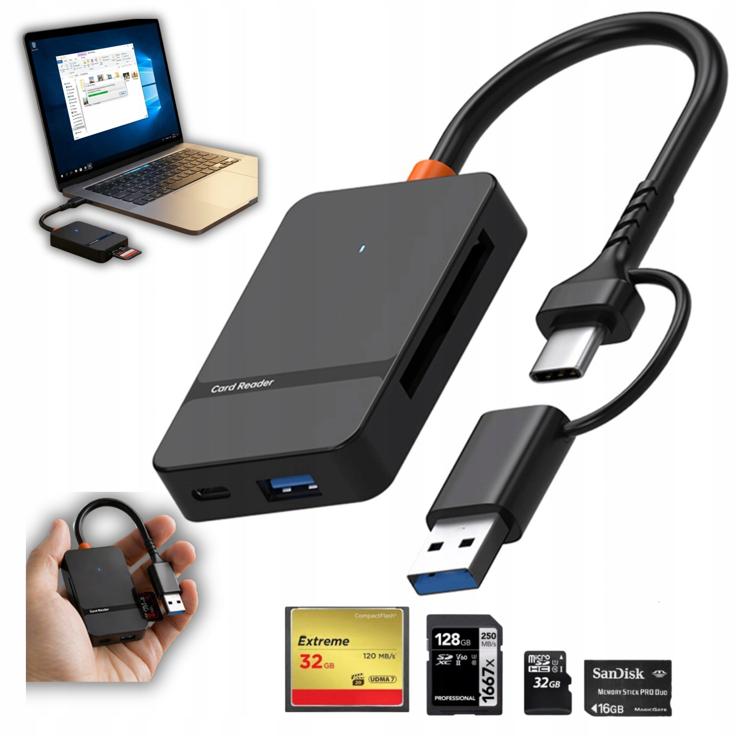 ADAPTER SD/microSD CARD READER CR MS USB-A 3.0, USB-C FOR PHONE LAPTOP