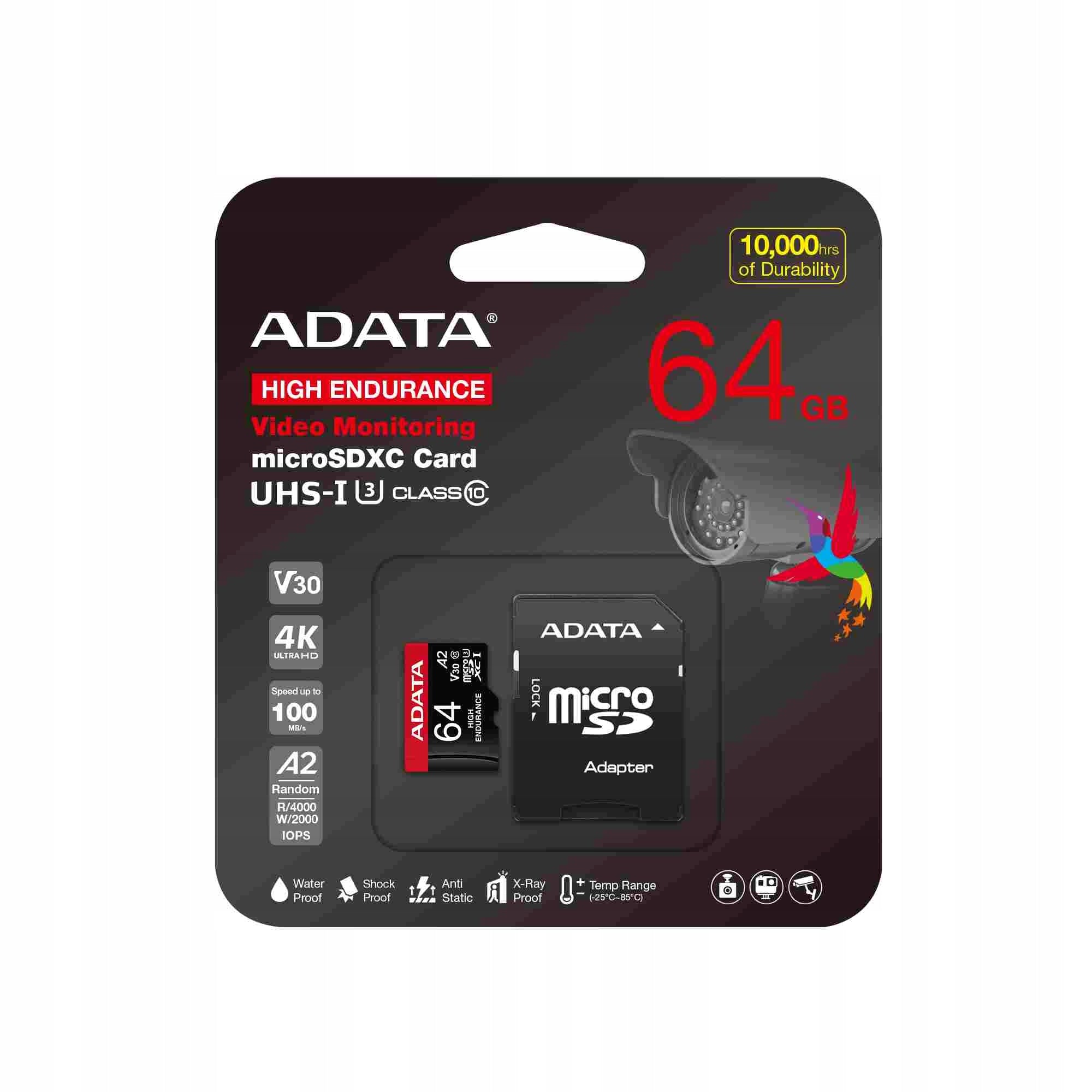 ADATA 64 GB micro SD XC FOR CAMERAS 100/80MBs UHS-I U3 V30 A2 MEMORY CARD