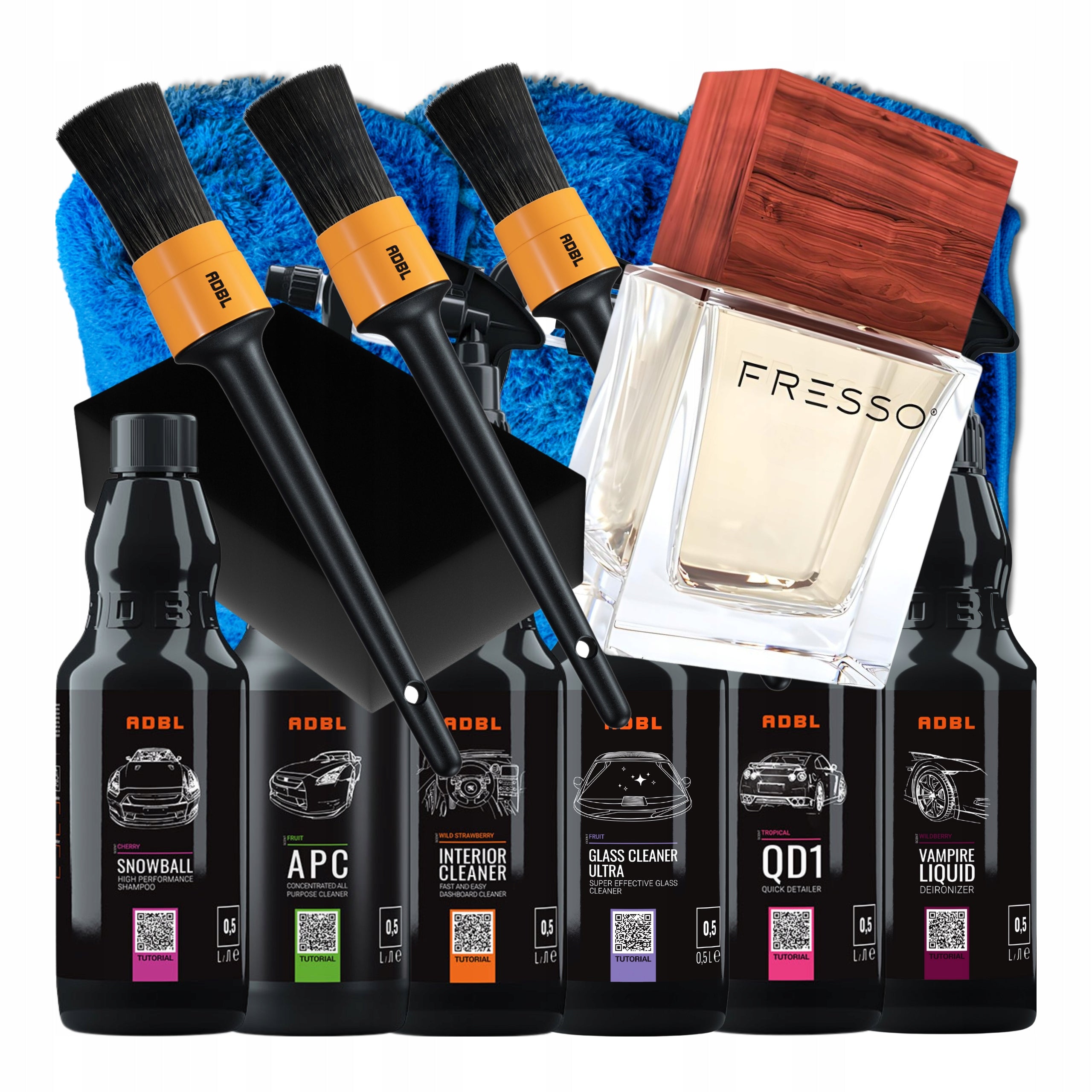 ADBL starter car care kit with accessories and Fresso perfume