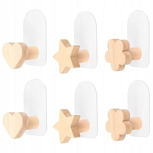 ADHESIVE HANGERS FOR CHILDREN WOODEN WALL HOOKS 6 PCS