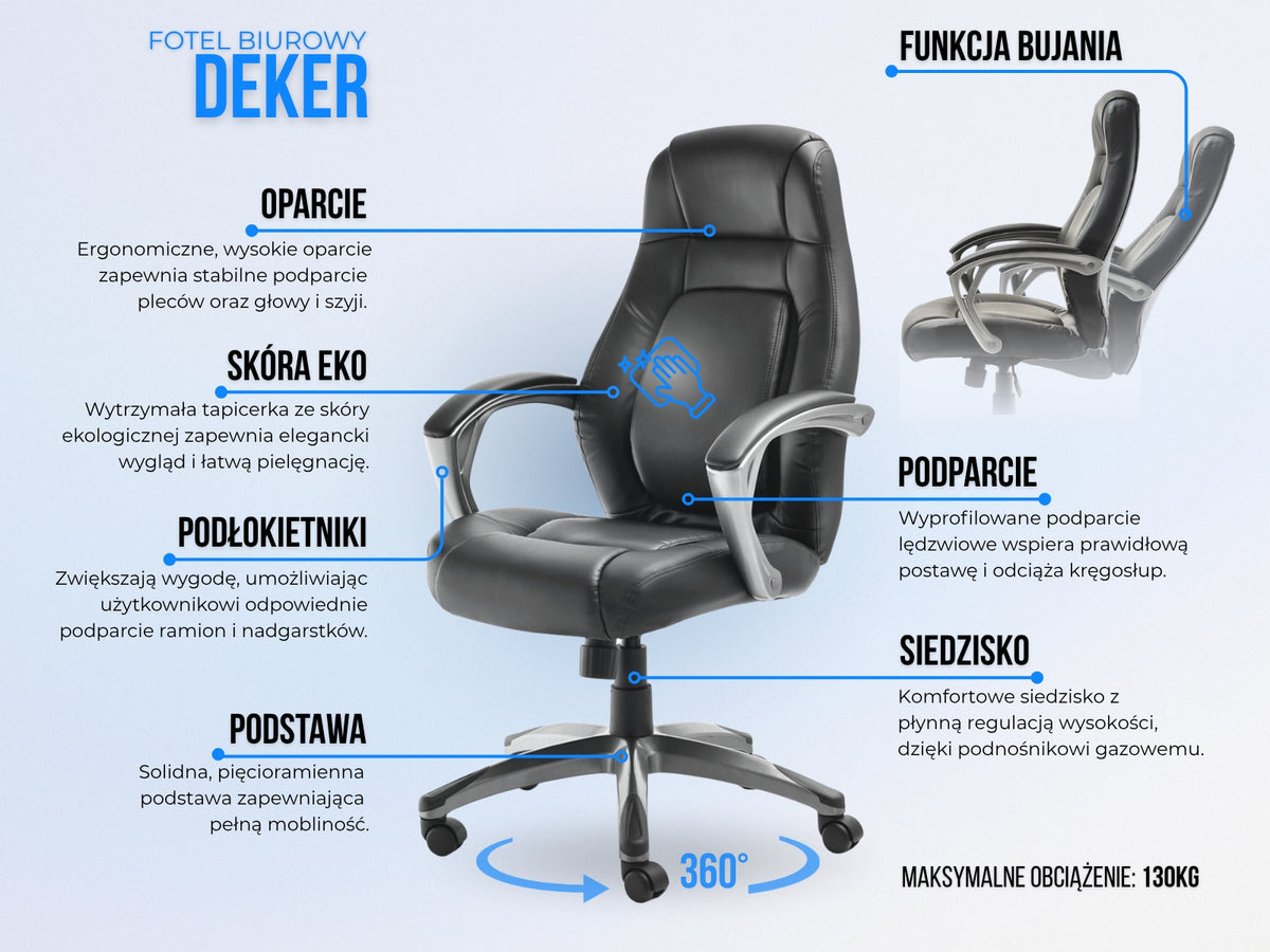 ADJUSTABLE SWIVEL CHAIR WITH HEADREST FOR STUDIO DEKER BLACK ECO LEATHER Manufacturer code 5907698657392