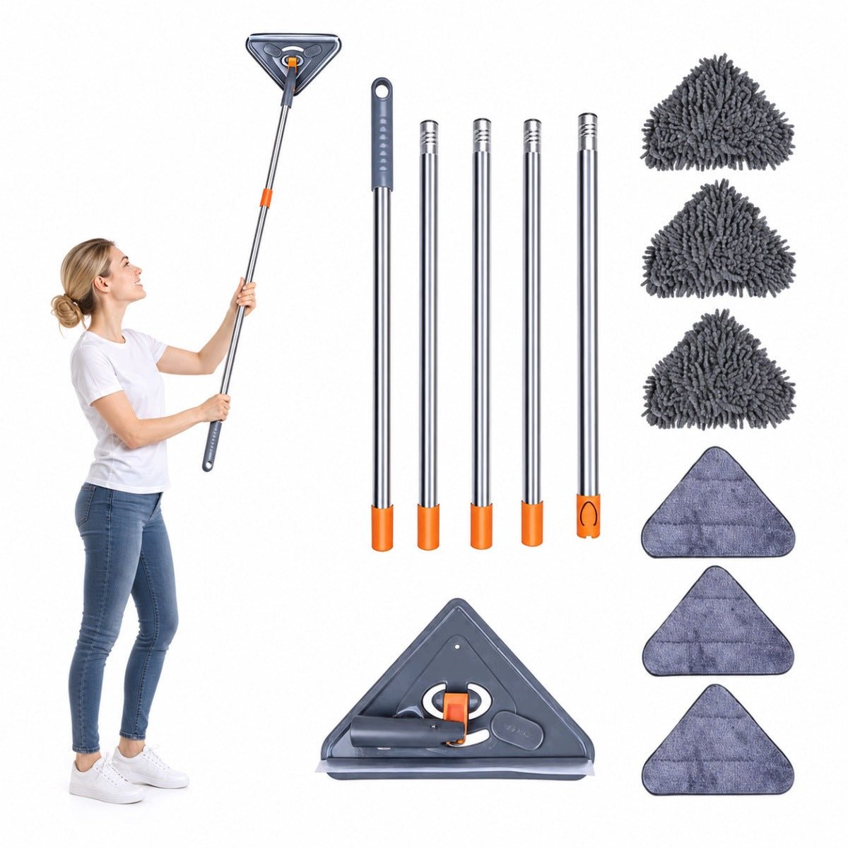 ADJUSTABLE TRIANGULAR CLEANING MOP + 6 RAGS 63,5-215,9 CM