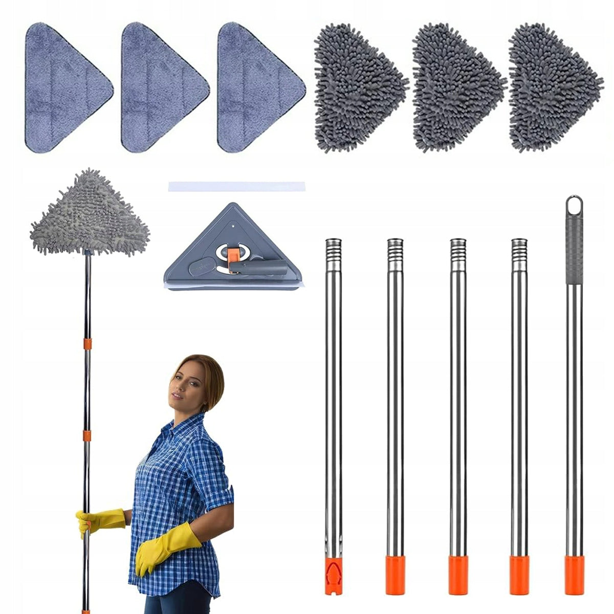 ADJUSTABLE TRIANGULAR MICROFIBER MOP FOR WINDOW CLEANING FLOOR+ 6 RAGS