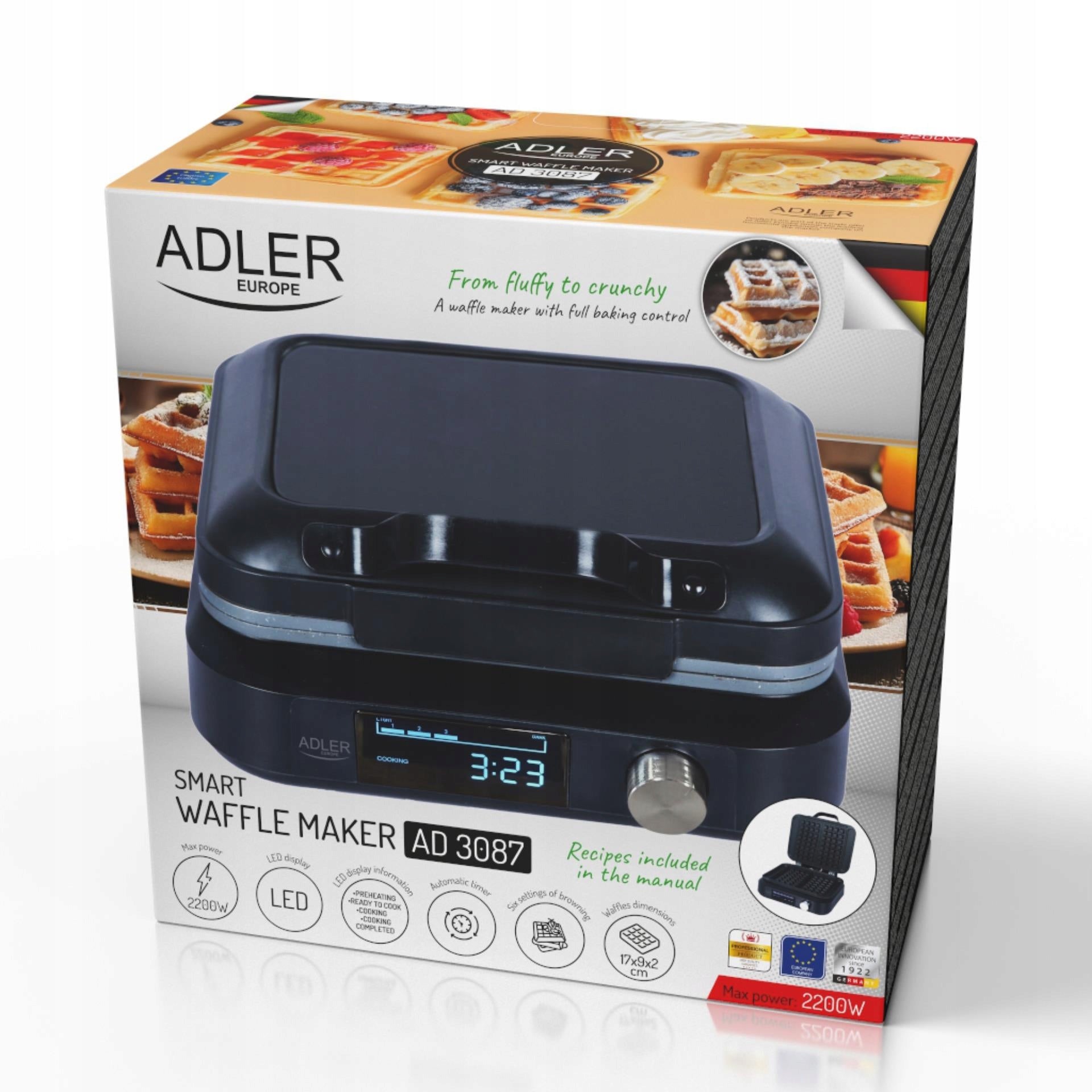 ADLER AD3087 | waffle iron | for 2 waffles * LED display * deep plates Power rating 2200 W