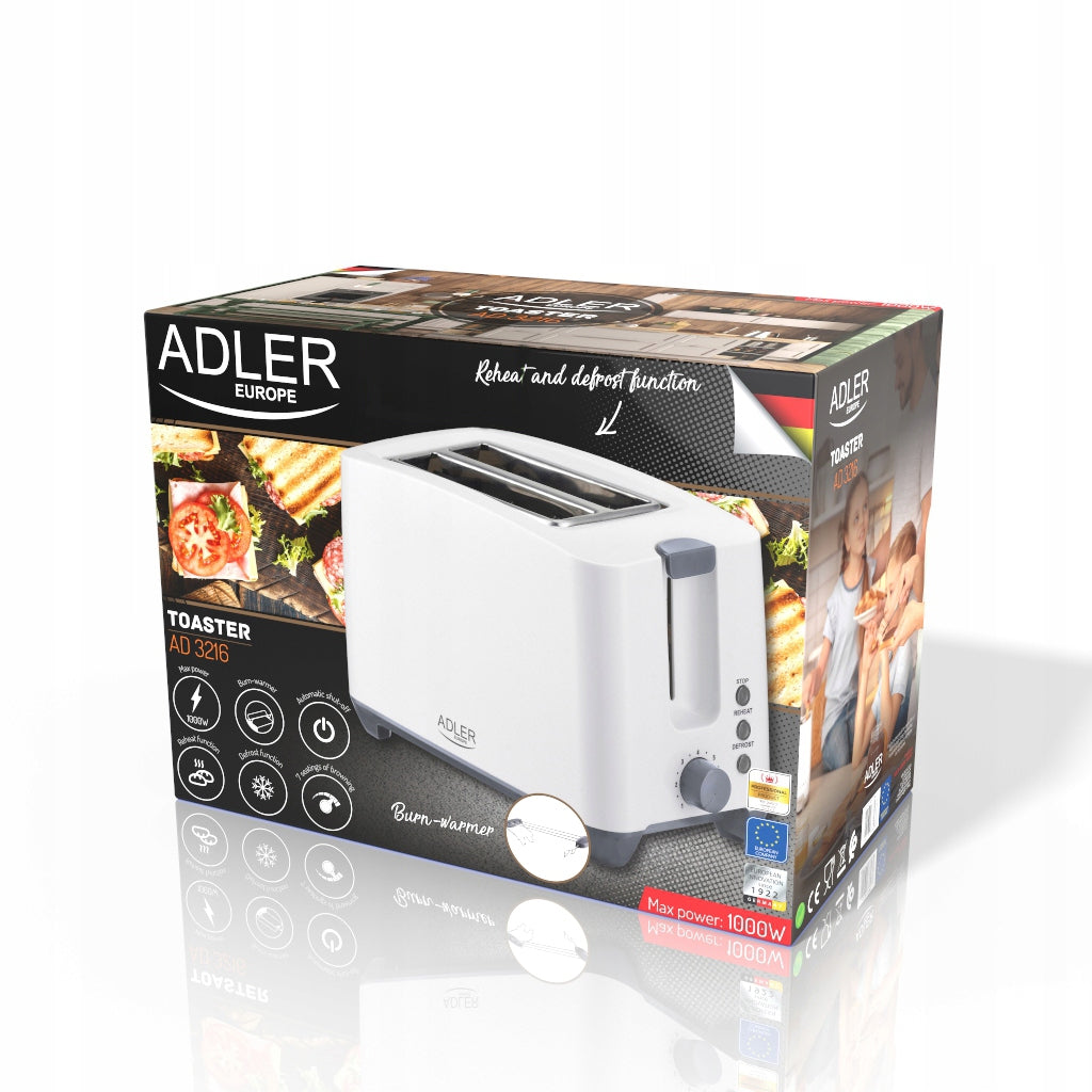 ADLER NICE SANDWICH TOASTER WHITE 2 TOAST SLICES 7 LEVELS 1000 IN GRATE Dominant color white
