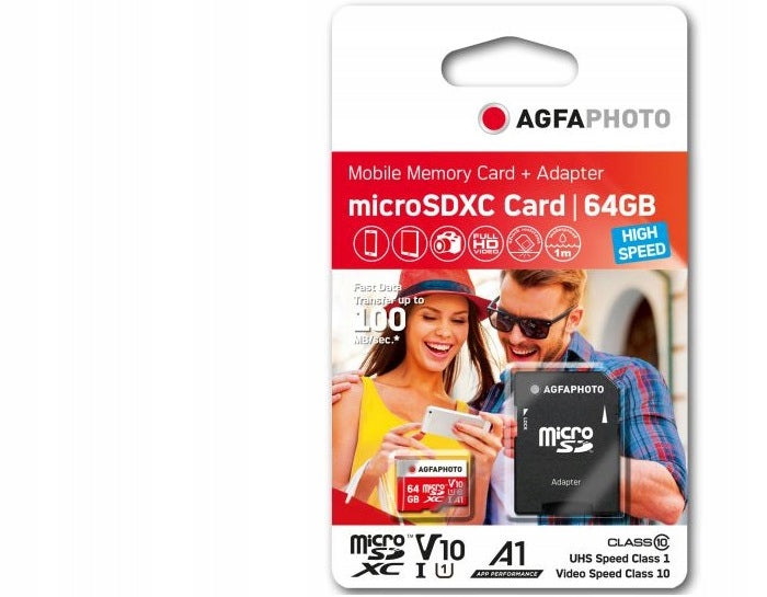 AGFA MicroSDXC 64GB Memory Card, 100MB/s, U1 V10, with Adapter