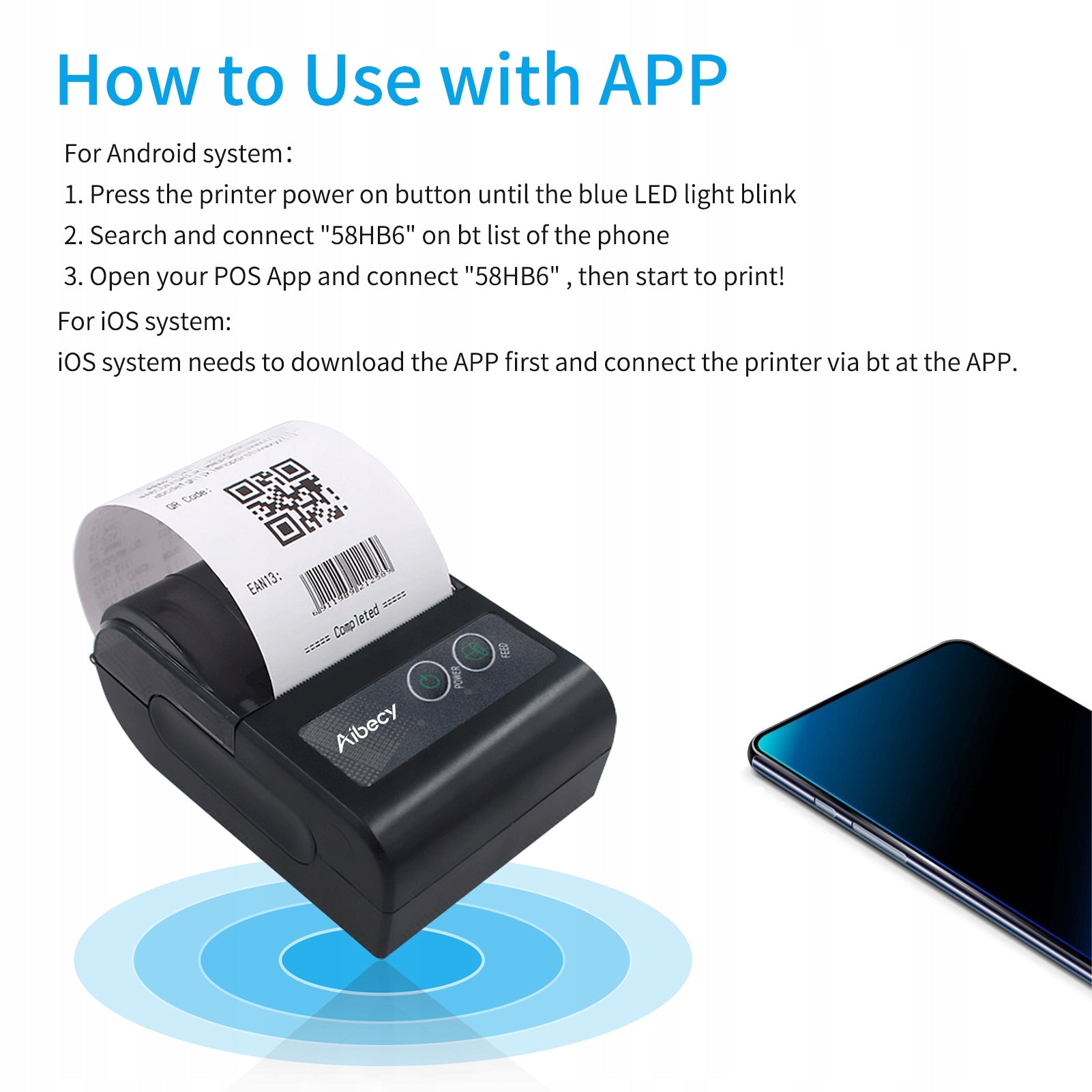 AIBECY 58mm Mini Portable Thermal Printer Wireless Printer Odbio