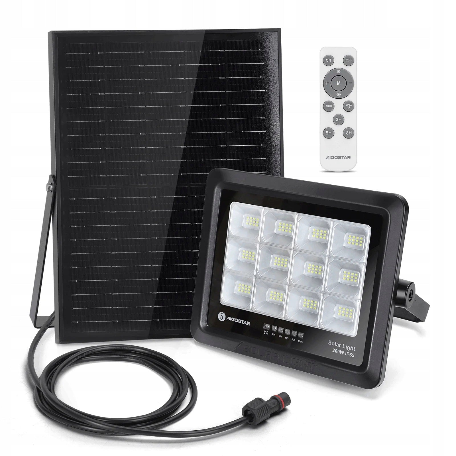 AIGOSTAR SOLAR LED LAMP 200W 2000LM IP65 PANEL 20W BLACK