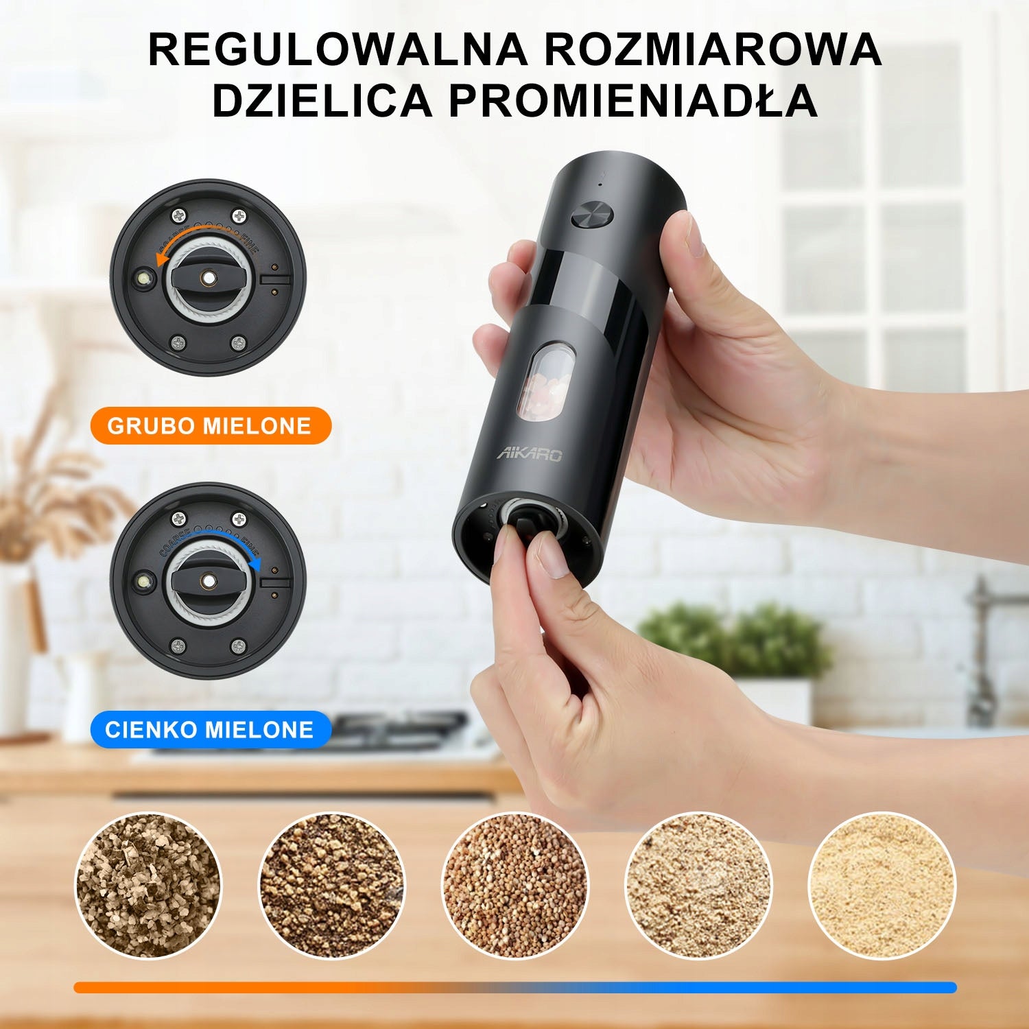 AIKARO Electric Salt and Pepper Mill Automatic Grinder, Battery Operated Dominant color black