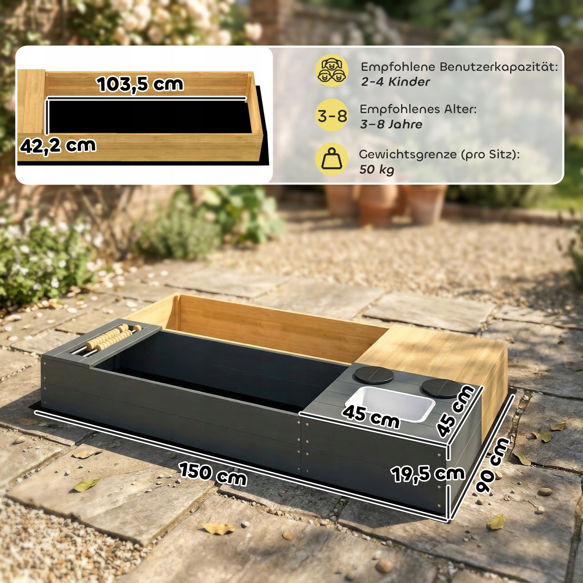 AIYAPLAY 2-piece sandbox 150 x 90 cm with seat and storage Certificates and opinions CE