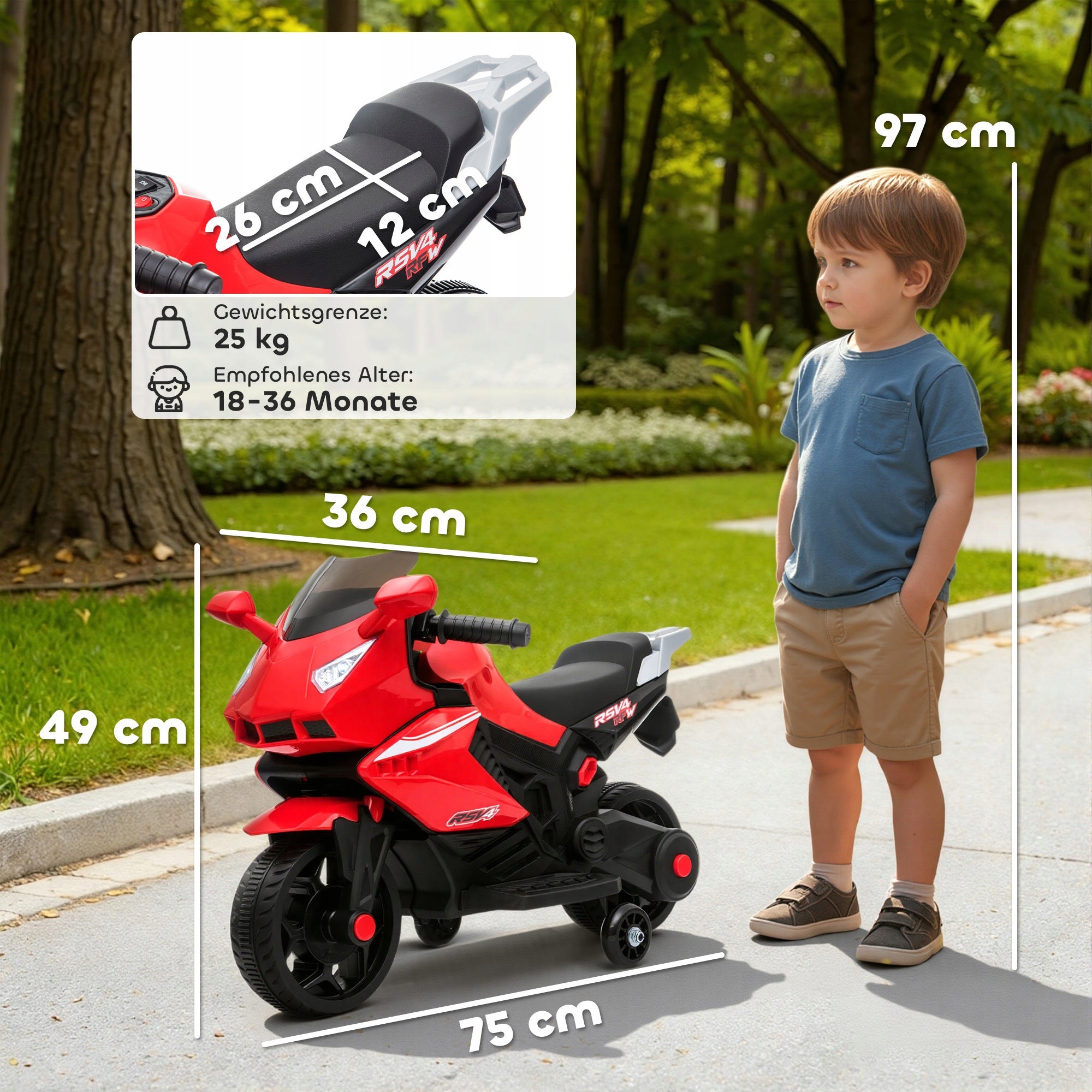 AIYAPLAY Electric Motorcycle for Kids with USB, Side Wheels, Music Maximum speed 2.5 km/h