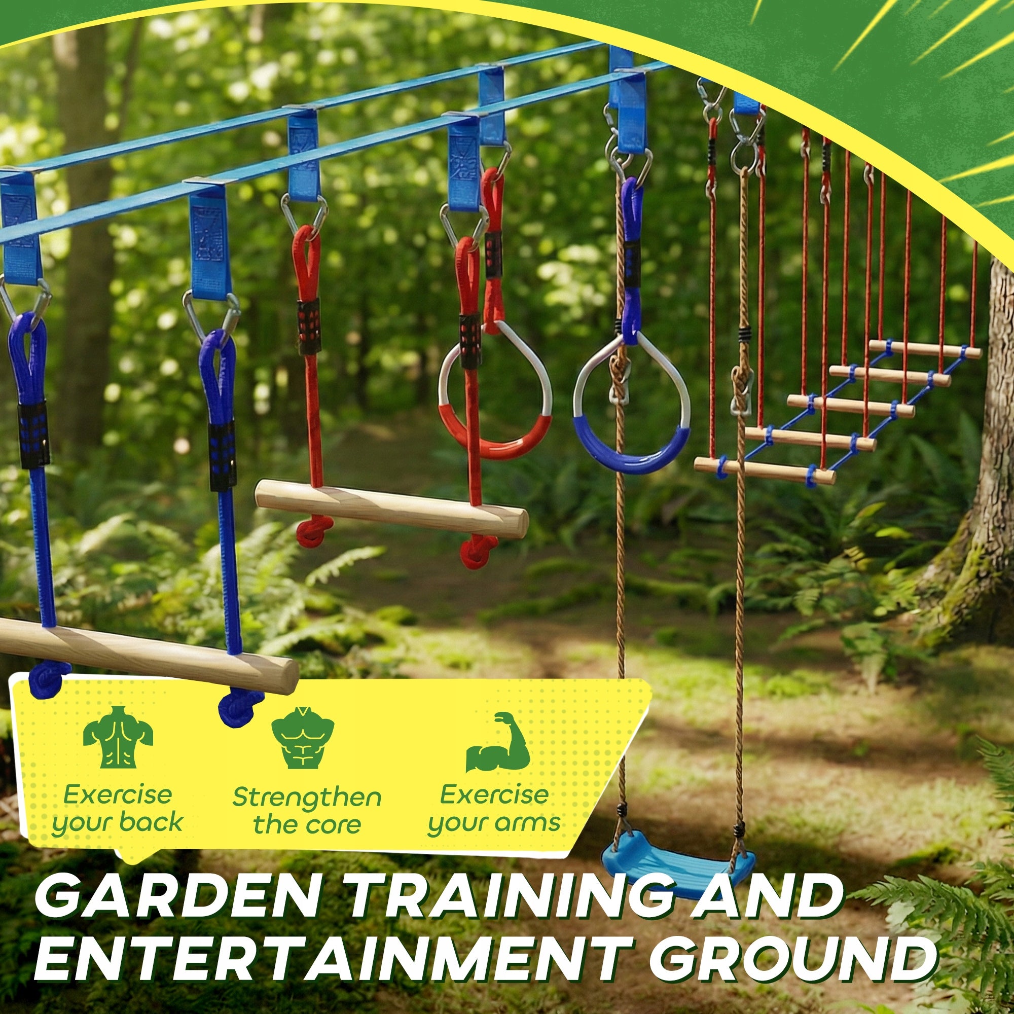 AIYAPLAY Ninja Line for kids, 24 m Slackline set with 7 obstacles Dominant material wood