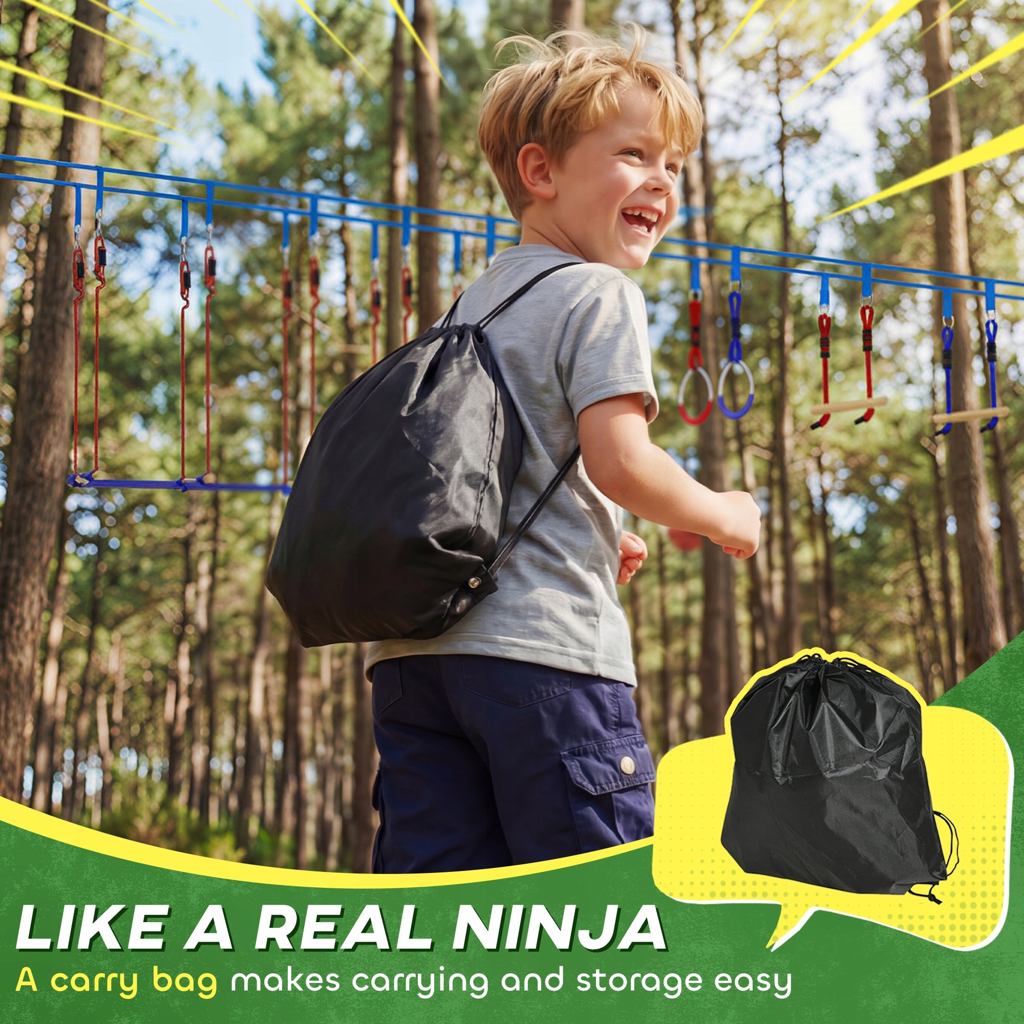 AIYAPLAY Ninja Line for kids, 24 m Slackline set with 7 obstacles Included ropes