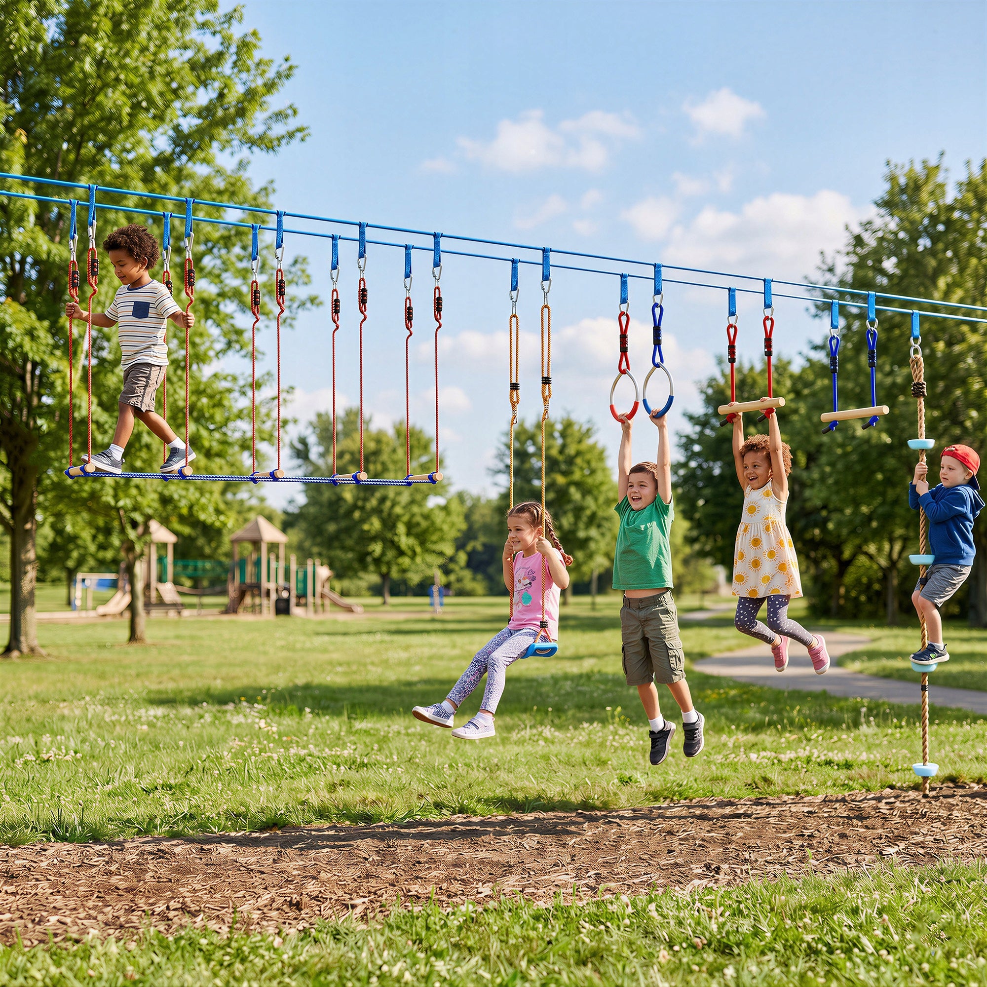 AIYAPLAY Ninja Line for kids, 24 m Slackline set with 7 obstacles Packaging status original