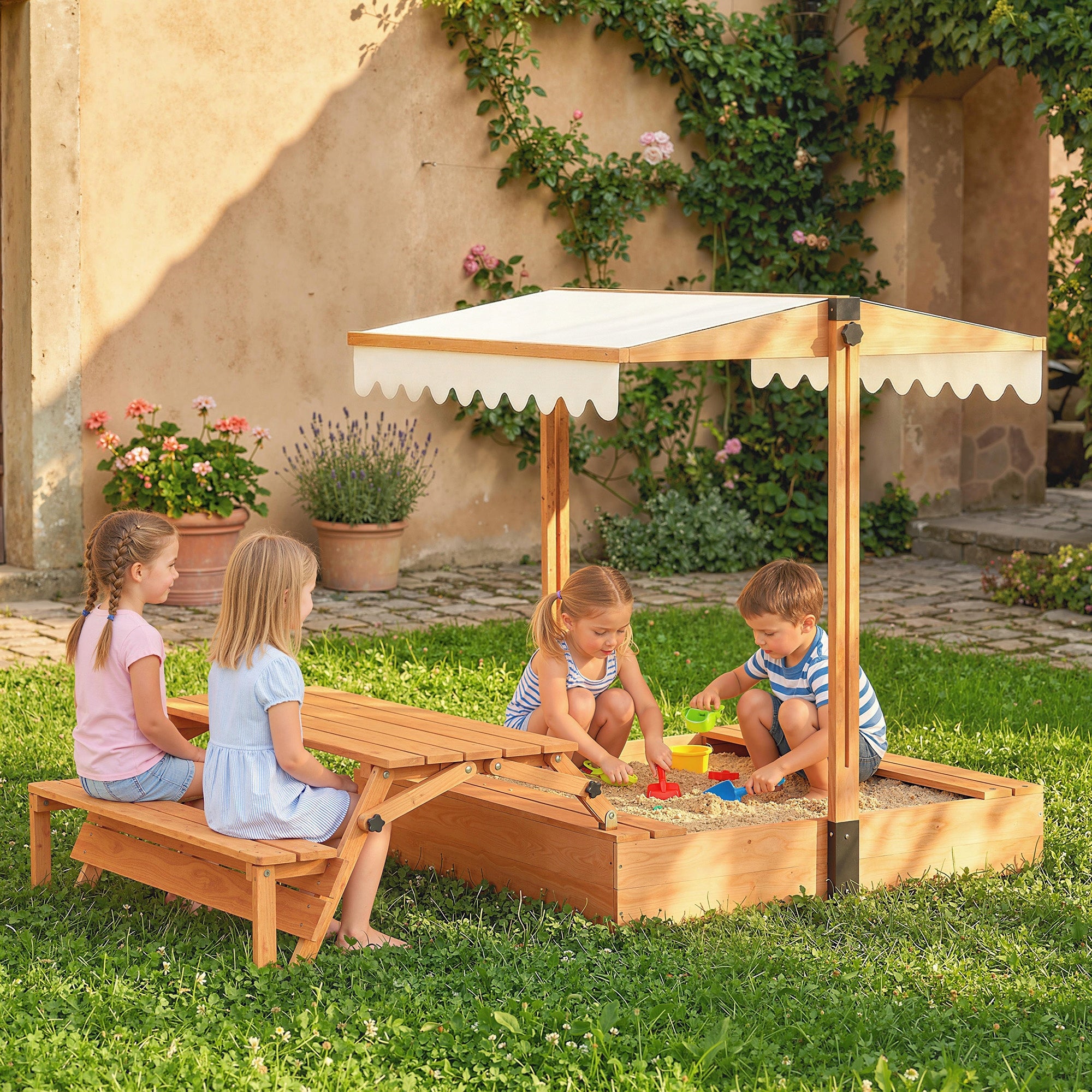 AIYAPLAY Sandbox with roof with folding picnic table and benches Manufacturer code 343-083V00BN
