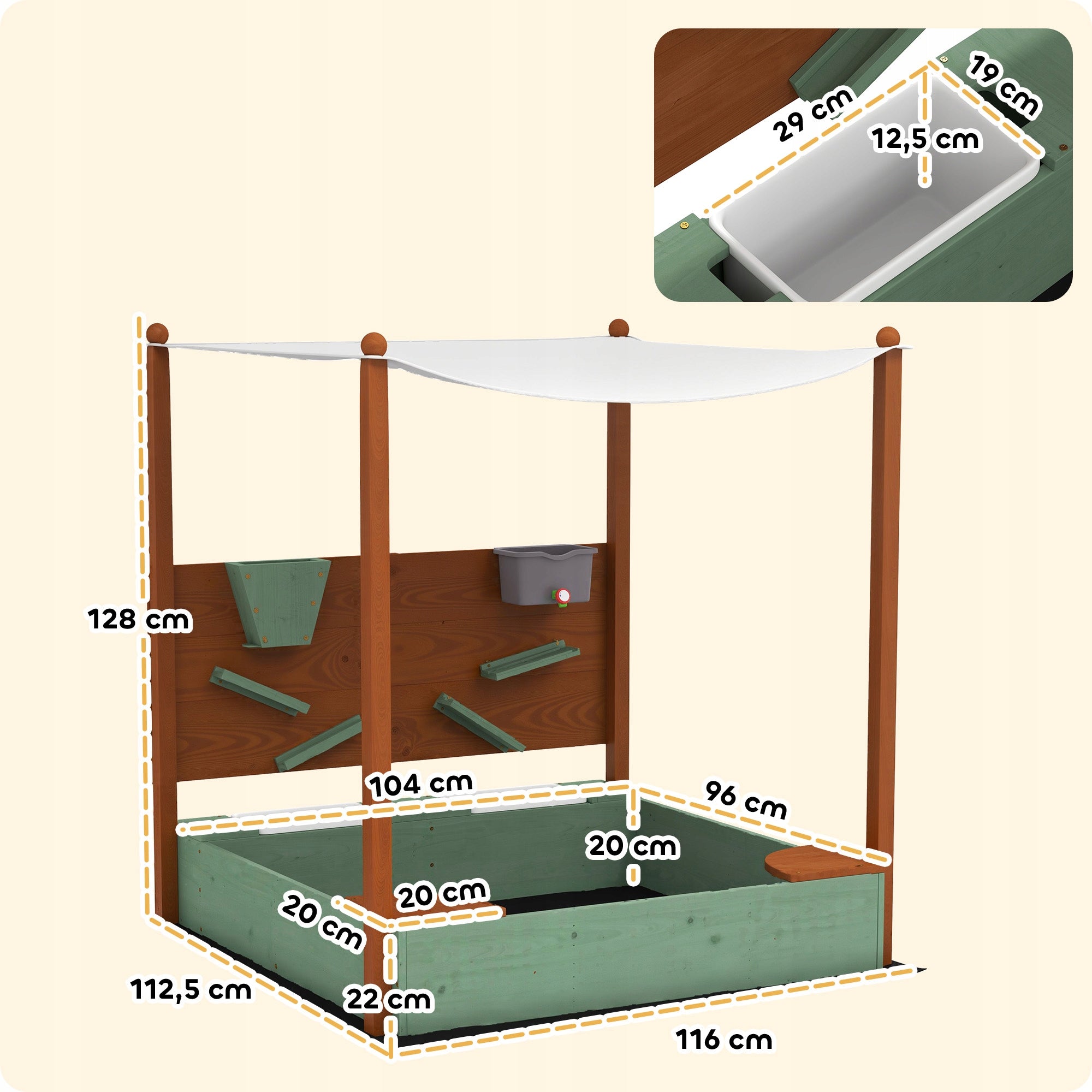 AIYAPLAY Wooden sandbox with canopy for children, 116 x 112,5 x 128 cm Kid's age 3＋ years