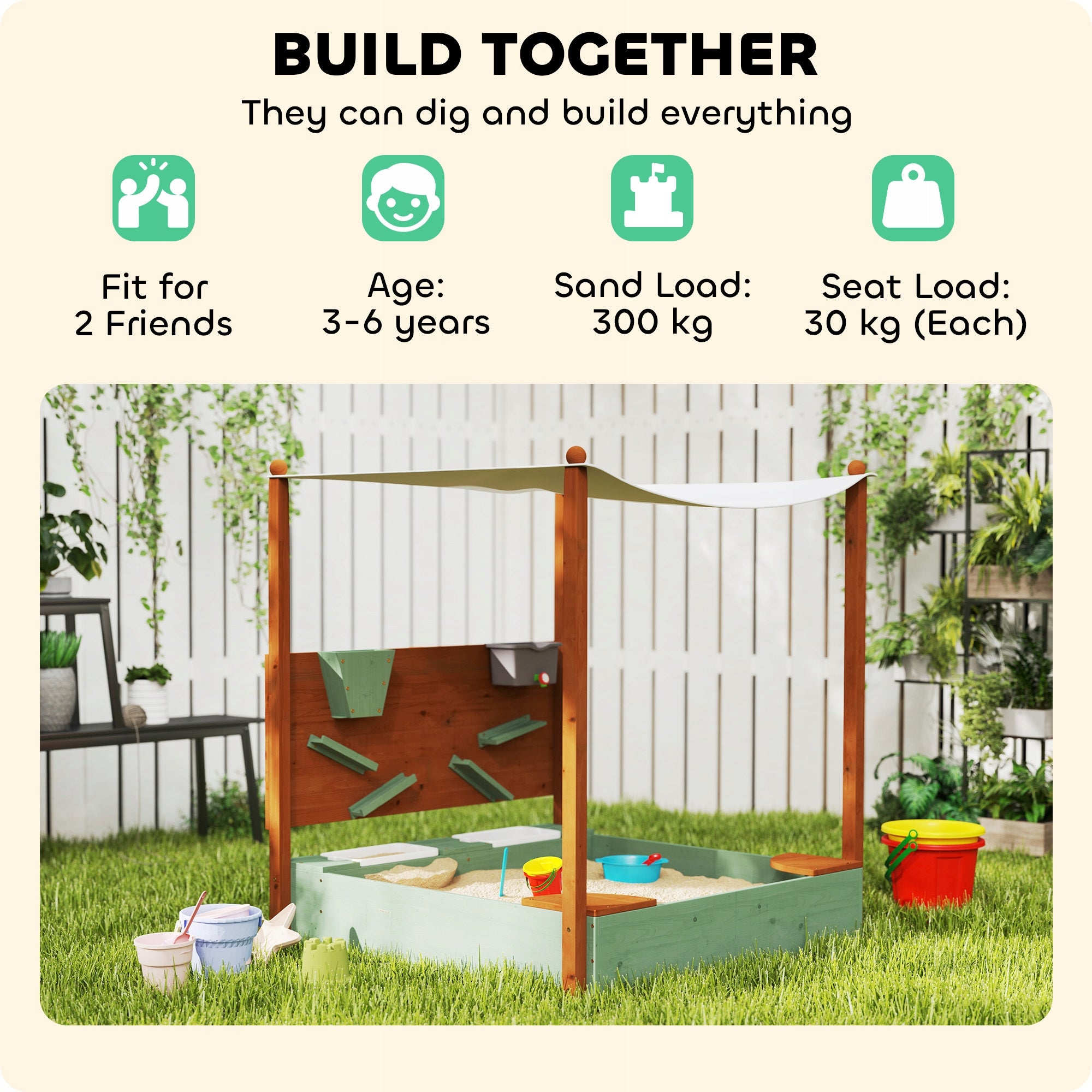 AIYAPLAY Wooden sandbox with canopy for children, 116 x 112,5 x 128 cm Kind wooden