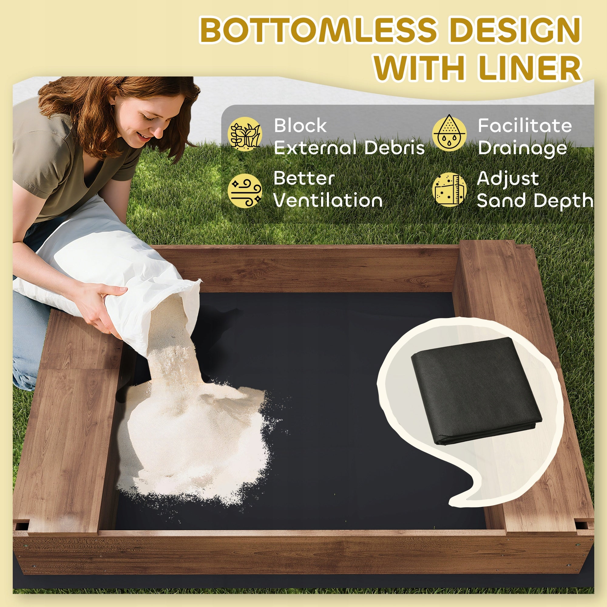 AIYAPLAY Wooden sandbox with visor and seat, with mesh Color brown