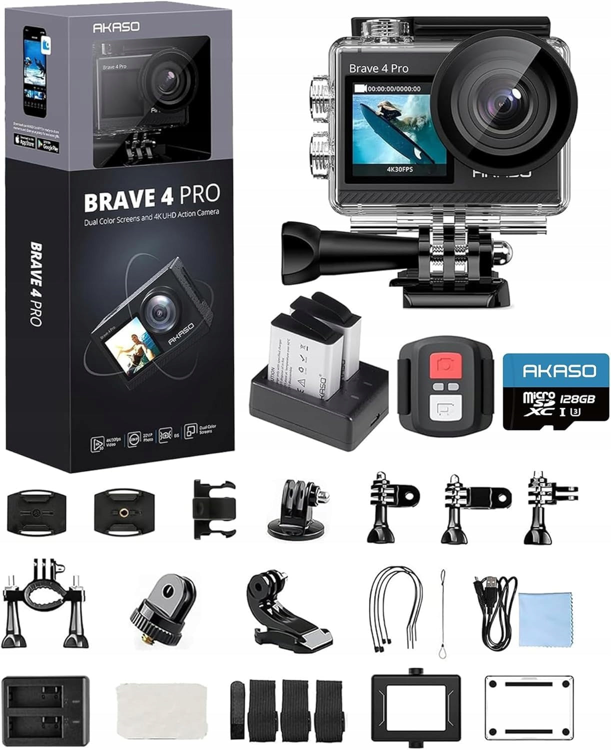 AKASO Brave 4 Pro Sports Camera 4K 30FPS 20MP 128GB 40M