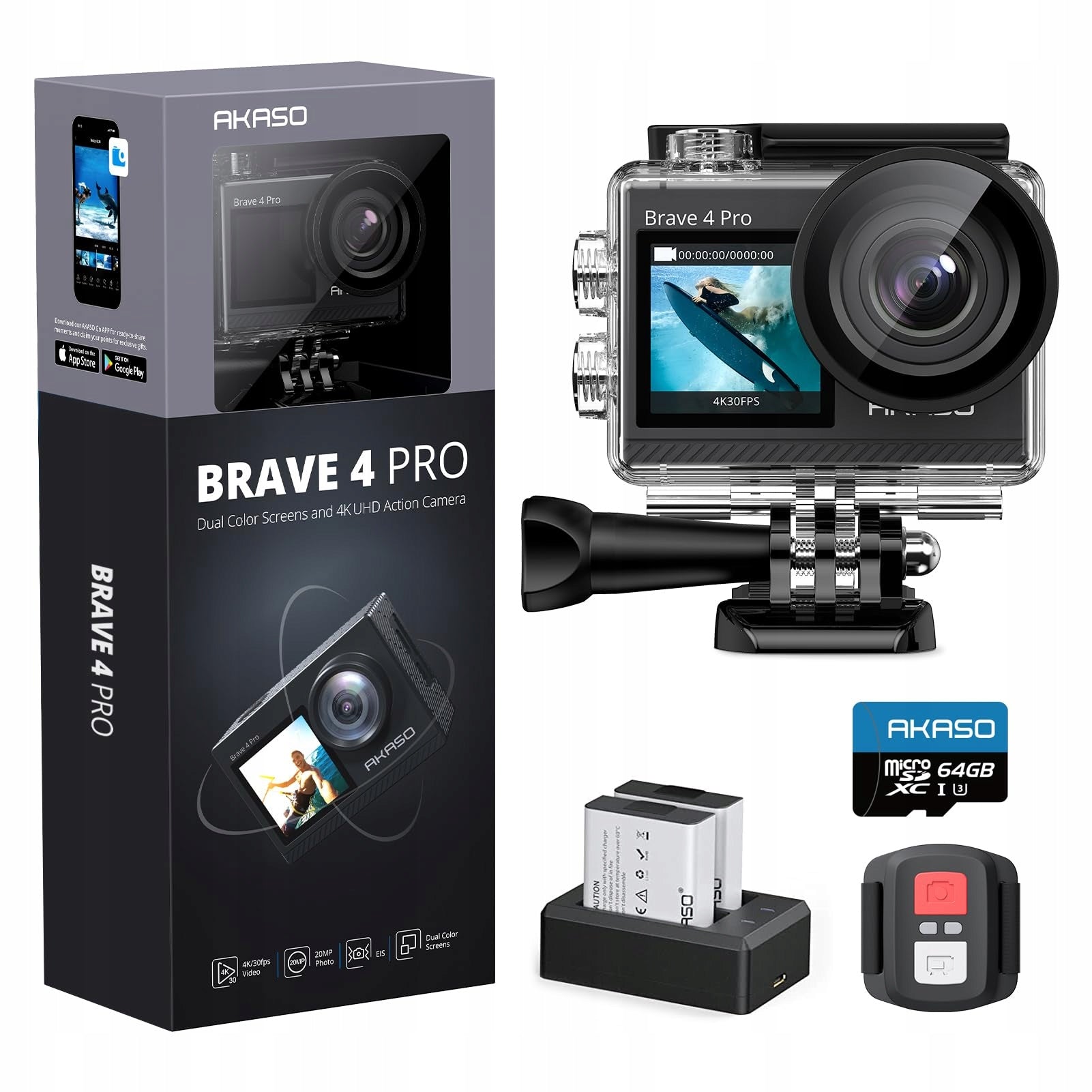 AKASO Brave 4 Pro Sports Camera 4K 30FPS 20MP 64GB Underwater