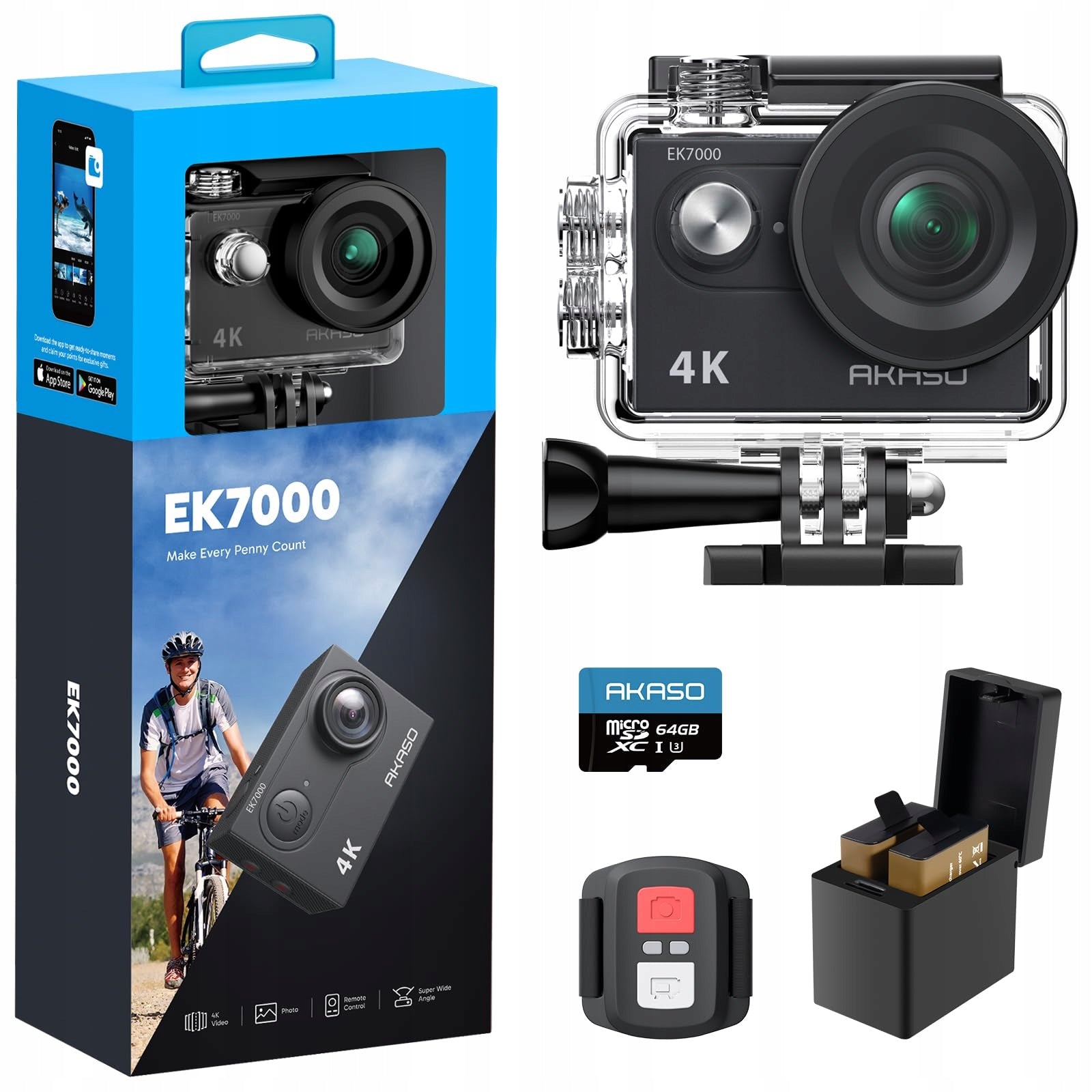 AKASO EK7000 Sports Camera 4K 30FPS 64GB SD Card Underwater 170° LCD 2.4G