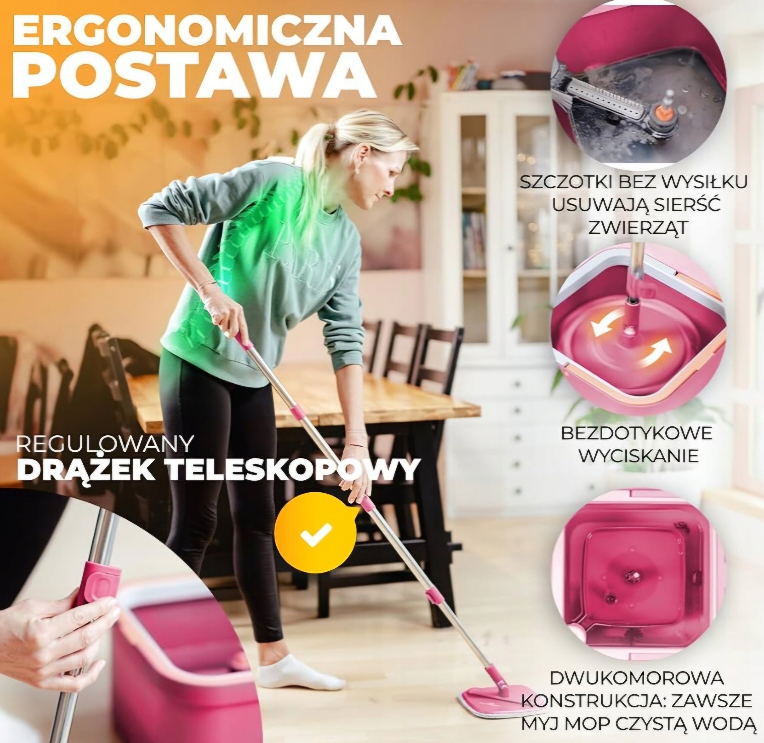 ALANBERG mop set, microfiber for floors, mop and bucket, Pink Manufacturer code Zestaw mopa z wiadrem ALANBERG system 2 komor