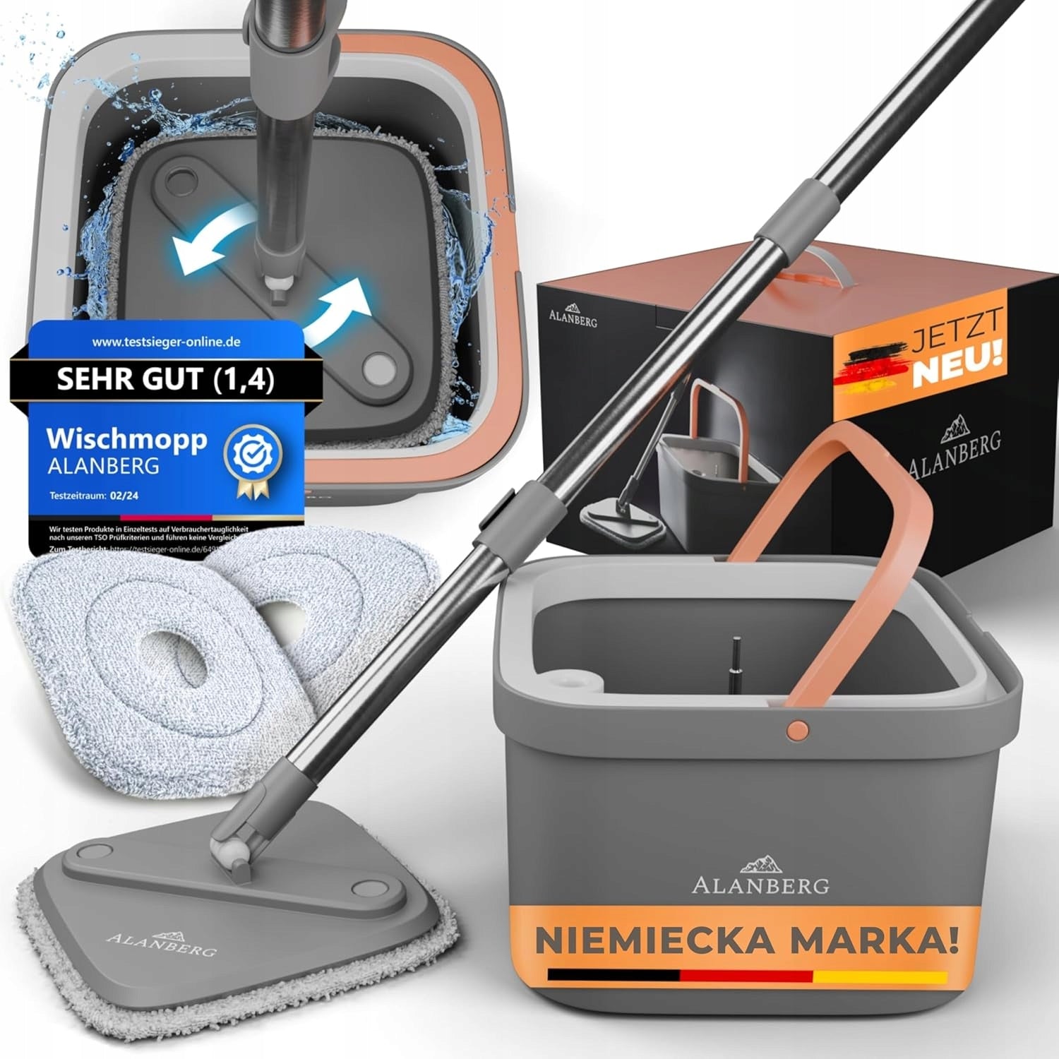 ALANBERG mop set, microfiber for floors, mop and bucket , grey Packaging status original