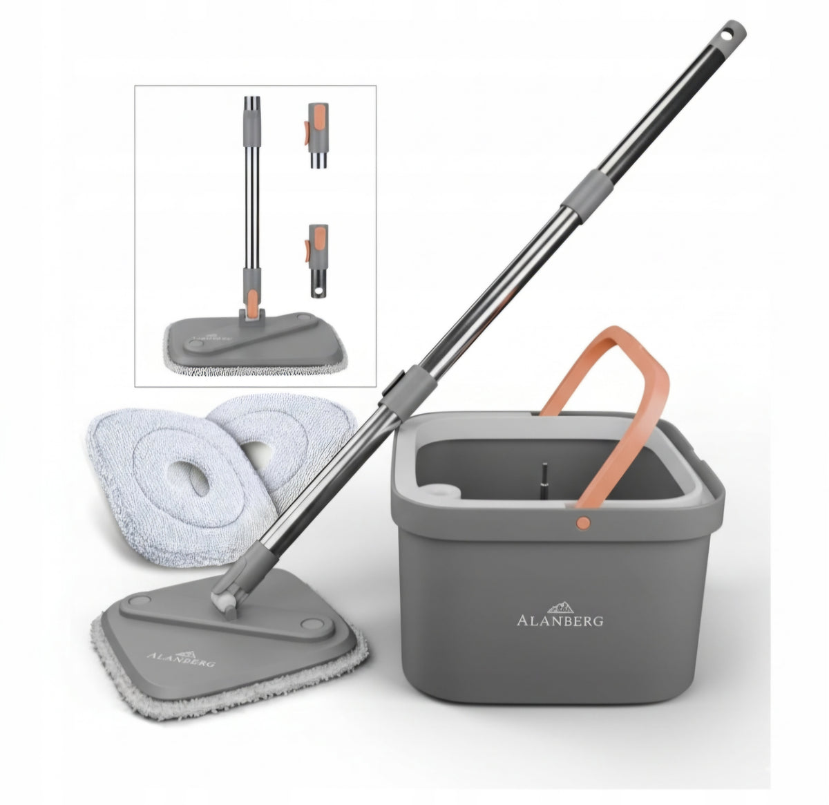 ALANBERG mop set, microfiber for floors, mop and bucket , grey