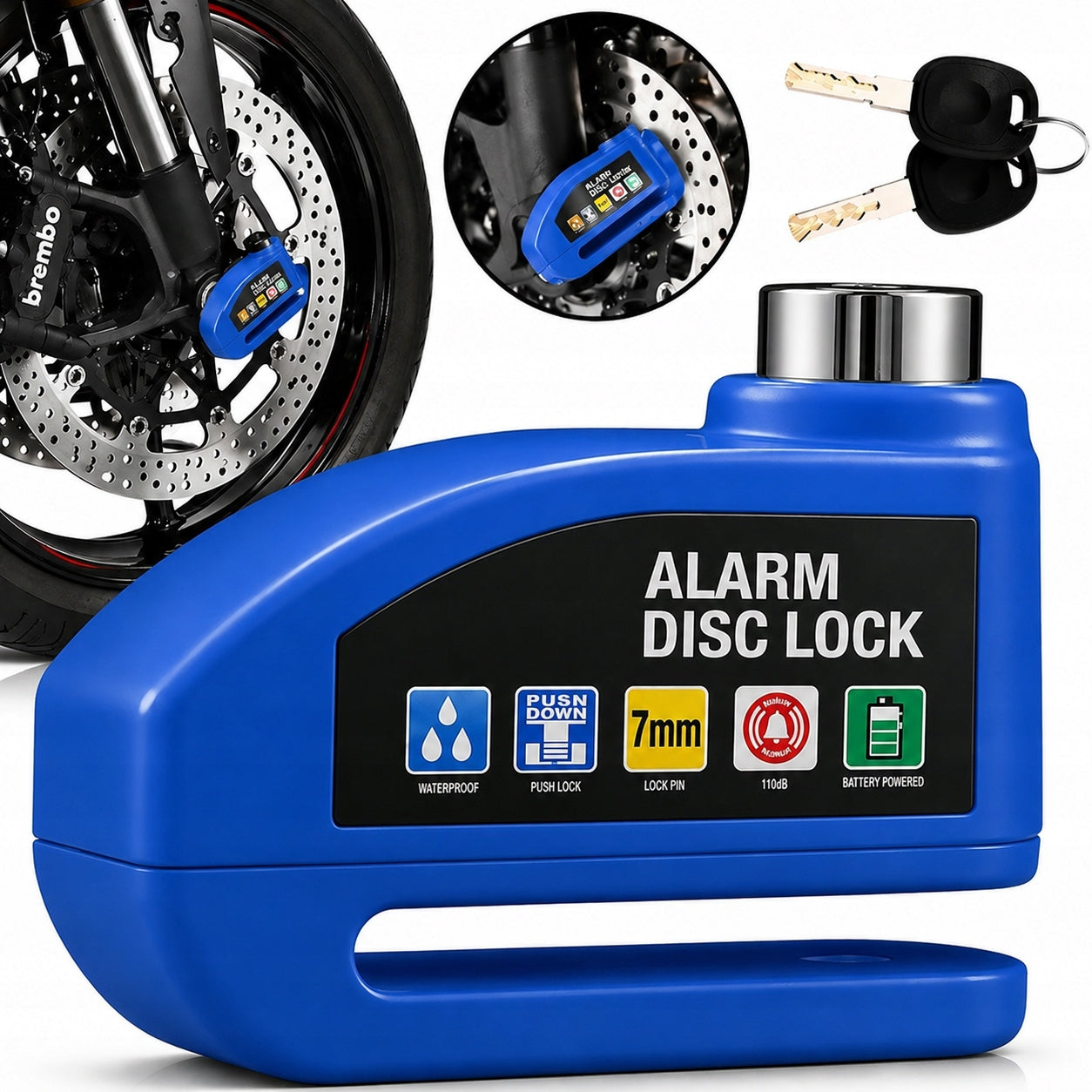 ALARM BRAKE DISC CLOSURE FOR MOTORCYCLE / ELECTRONIC BIKE BLUE Model L47B