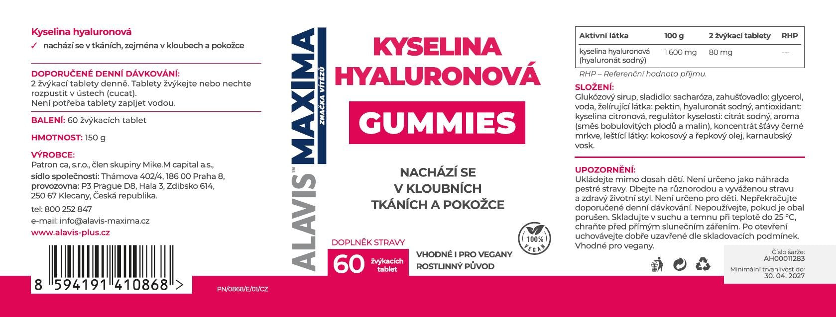 ALAVIS MAXIMA Hyaluronic acid gummies, 60 chewable tablets Brand Alavis