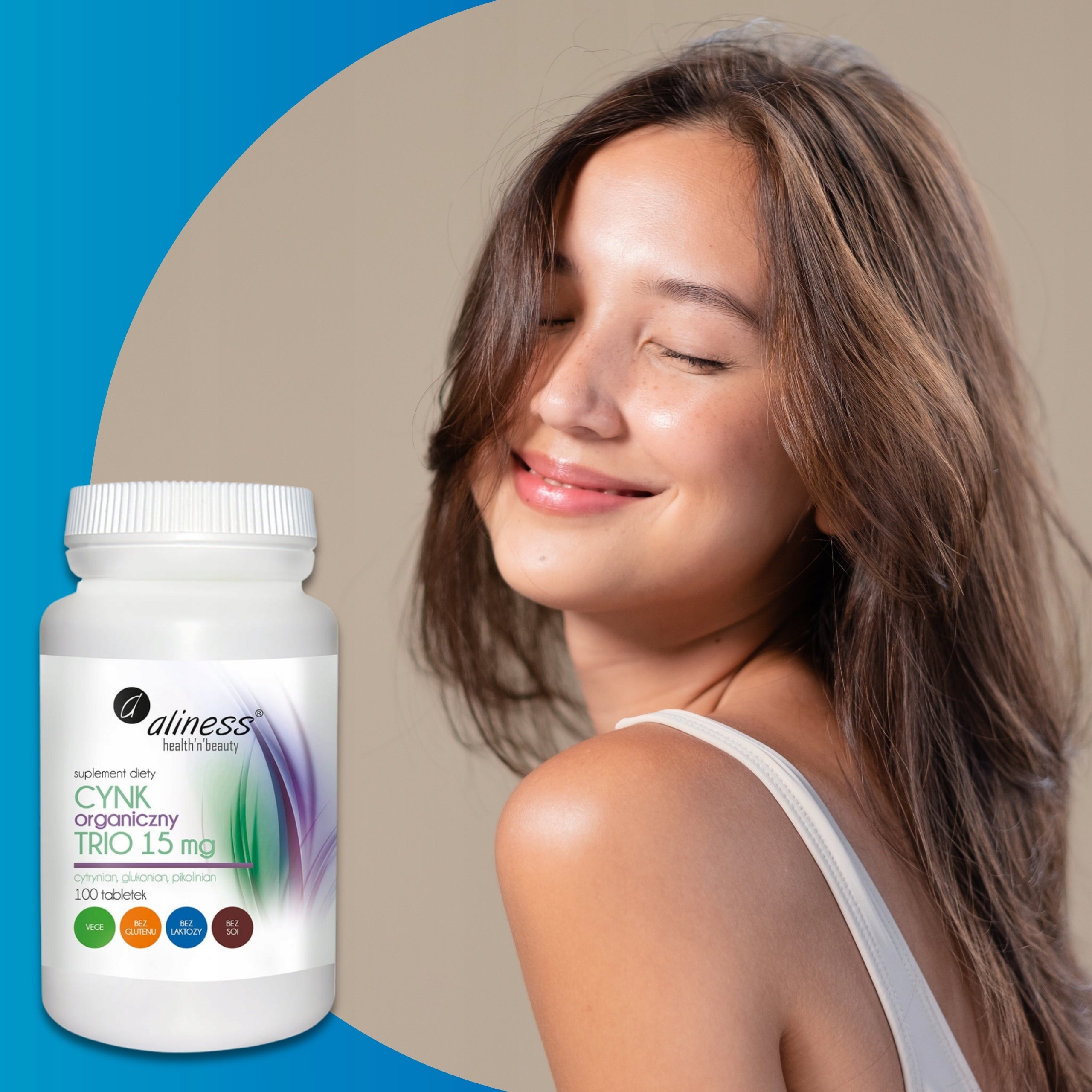 ALINESS Organic zinc TRIO 15 mg 100 tabl. dietary supplement adult children Manufacturer code Synteza białek Widzenie Wzrok Włosy Paznokcie