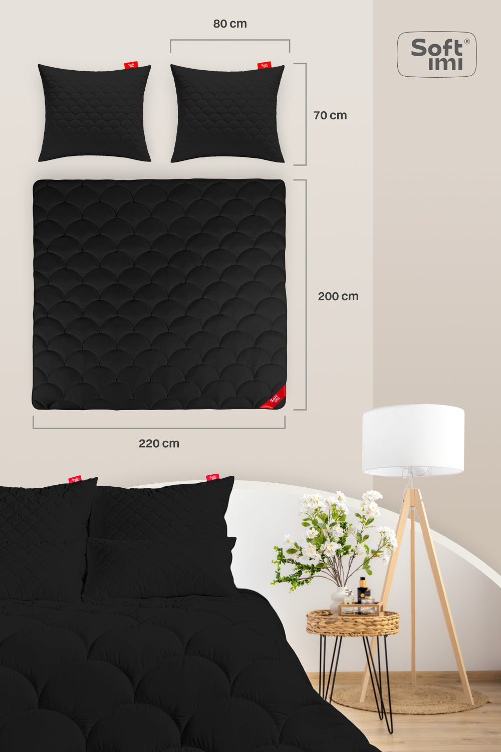 ALL-SEASON ANTI-ALLERGIC QUILT 200X220 + 2 PILLOWS 70X80 4 SEASONS Manufacturer code QUILT-200X220-300+2X70X80-BLACK_