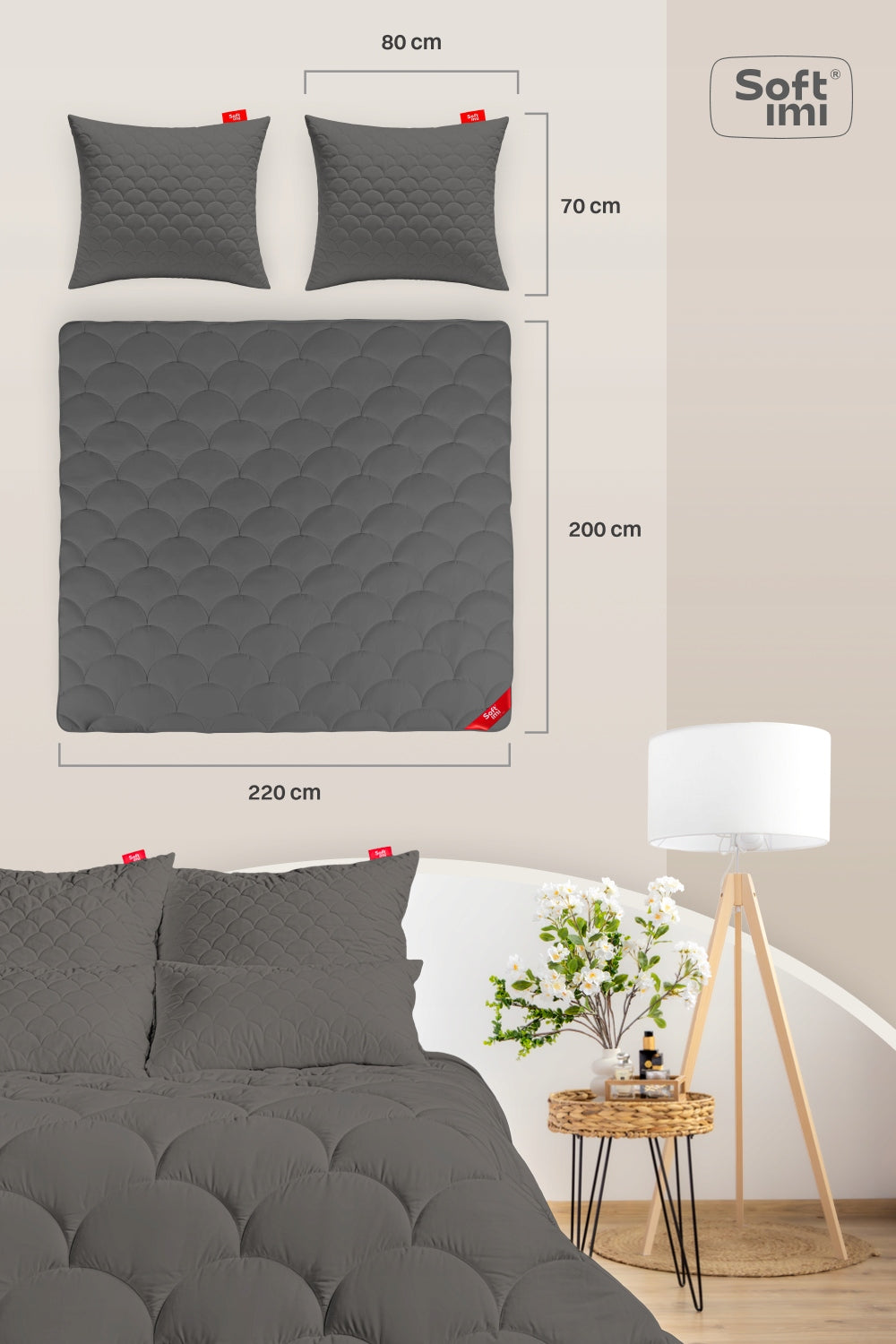 ALL-SEASON ANTI-ALLERGIC QUILT 200X220 + 2 PILLOWS 70X80 GREY SET Manufacturer code QUILT-200X220-300+2X70X80-GRAY