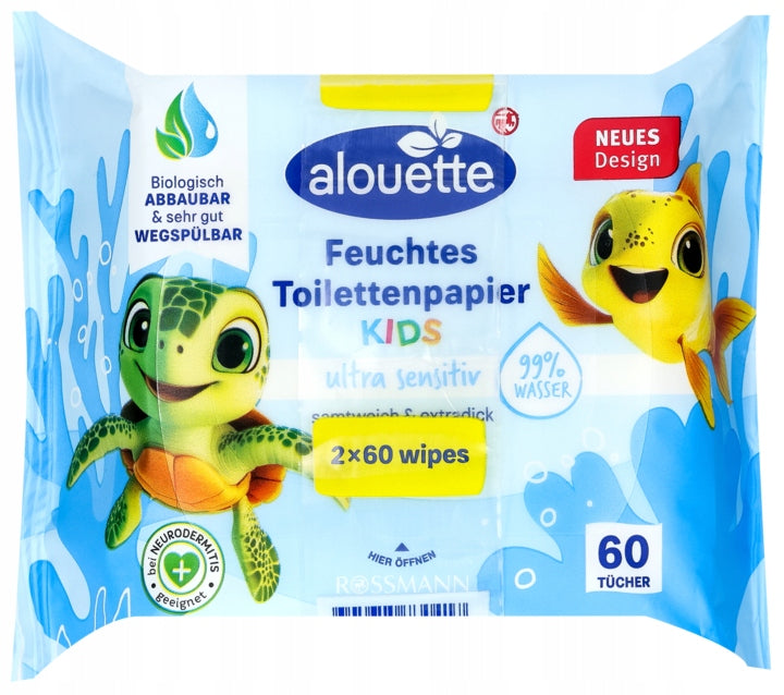 ALOUETTE Kids moistened toilet paper 2x60 pcs aqua 99% water