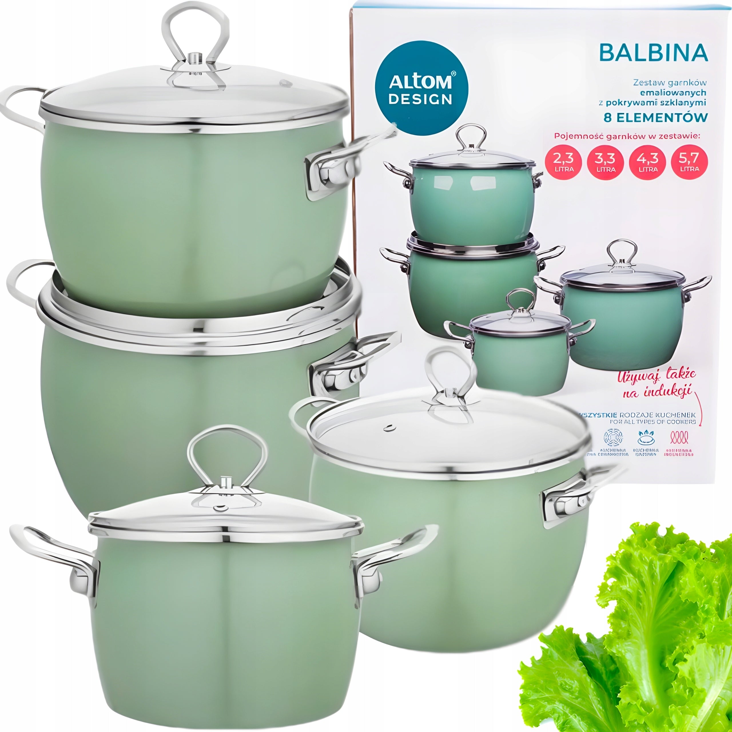 ALTOM DESIGN ENAMEL POTS INDUCTION GAS POT SET GREEN 8 EL