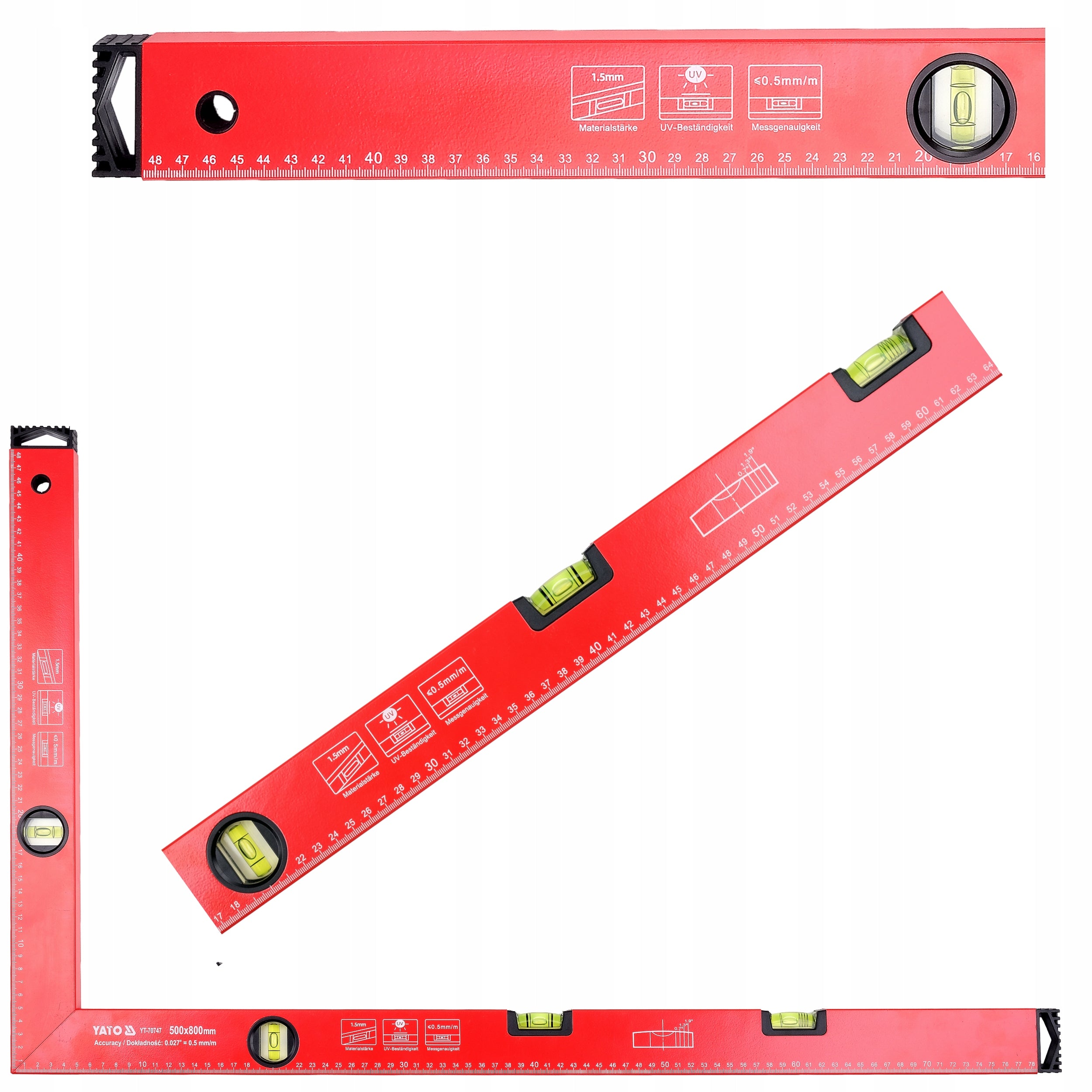 ALUMINIUM ANGLE 800X500MM LIGHTWEIGHT READABLE 4 LIBELLE ACCURACY 0,5 mm/m