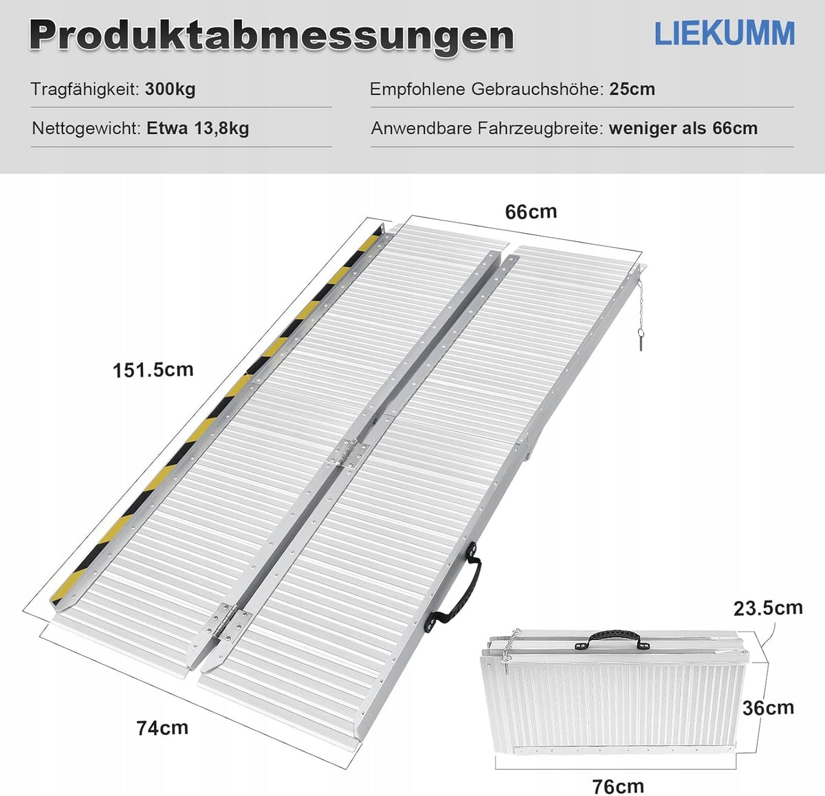 ALUMINIUM RAMP FOLDING 151X74 TO 300KG DRIVEWAYS TROLLEYS BICYCLES CURBS Brand Liekumm