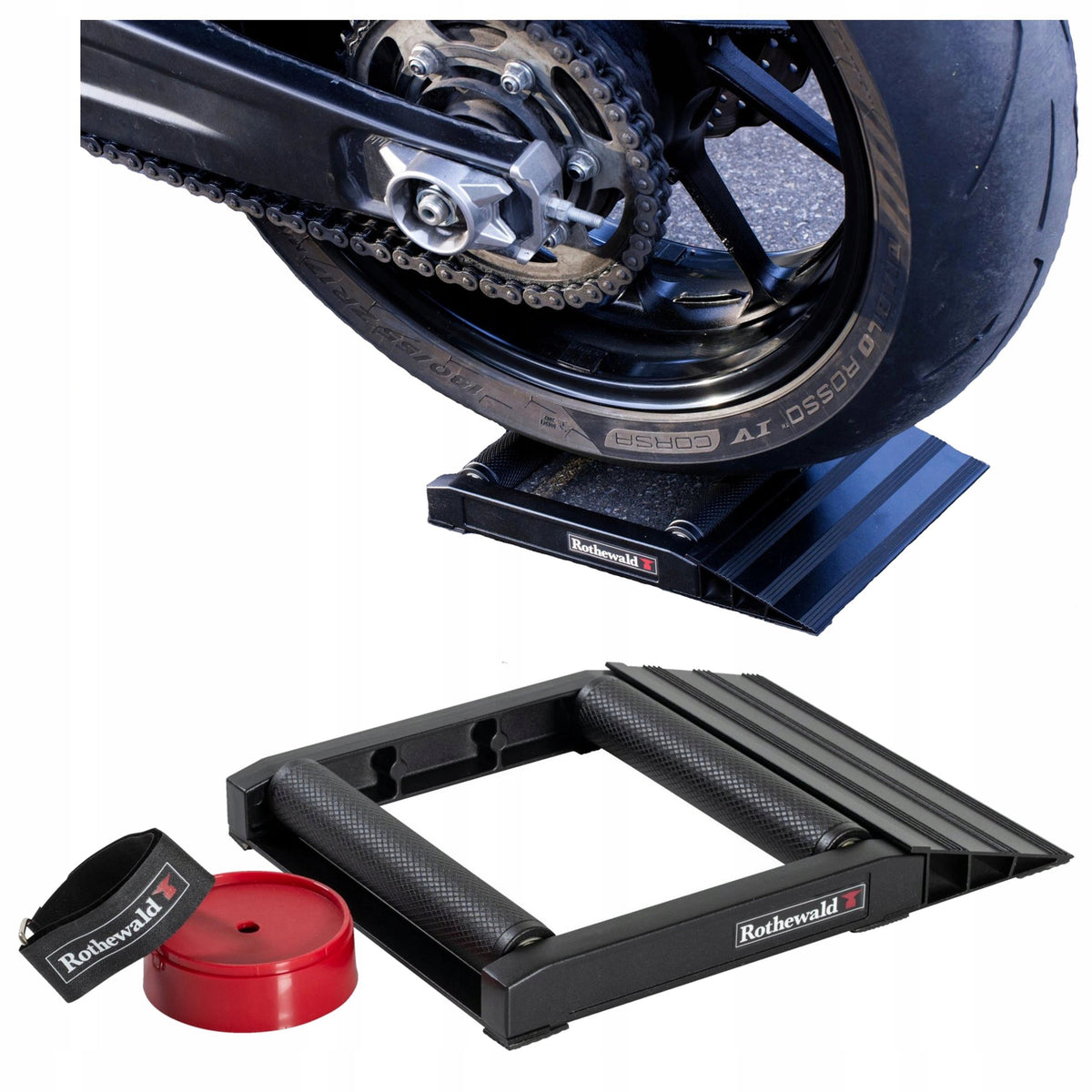 ALUMINIUM SERVICE ROLLERS FOR THE REAR WHEEL OF THE MOTORCYCLE OVERRUN ROTHEWALD