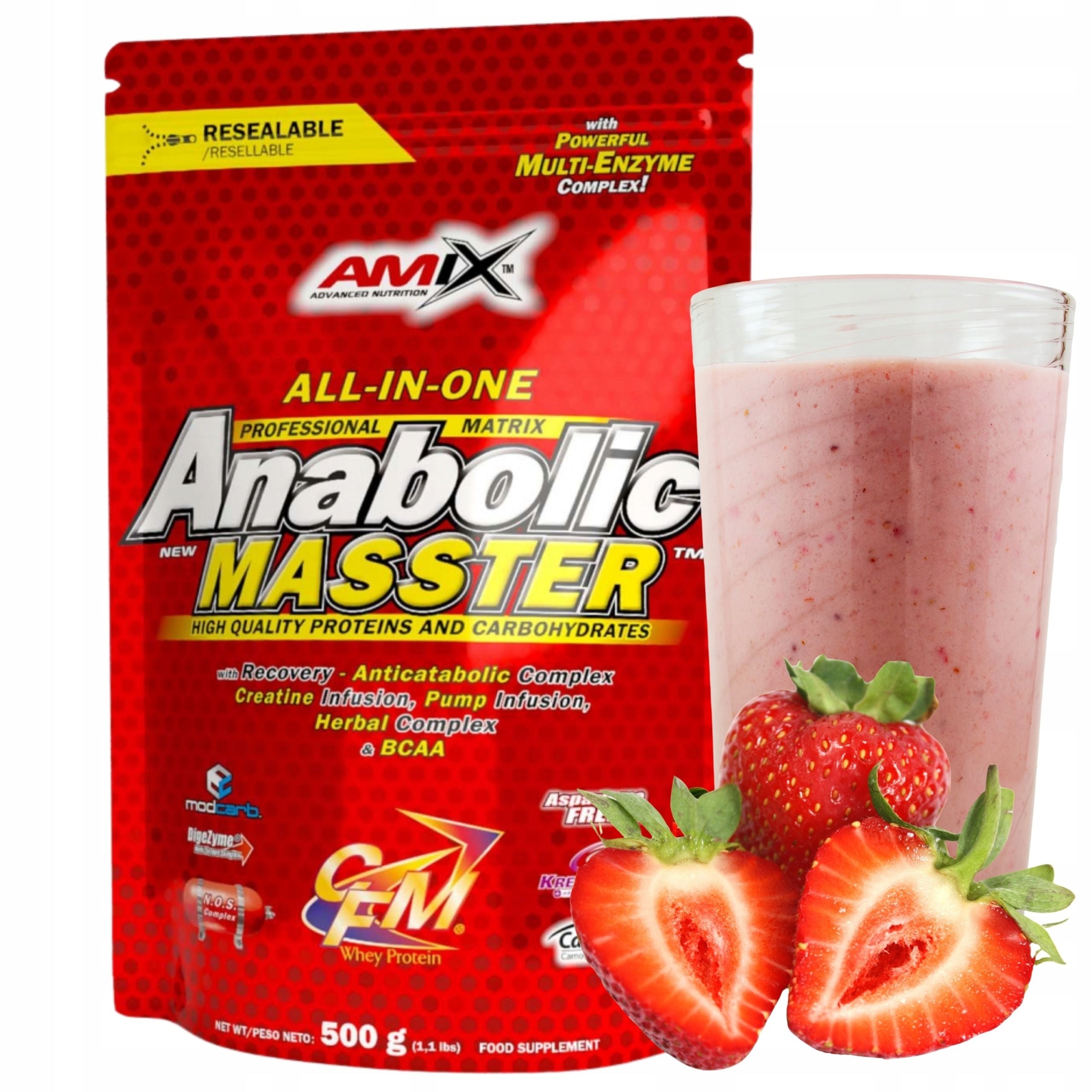 AMIX ANABOLIC MASSTER Bulk Gainer Protein Mix Creatine Carbs Strawberry 500g