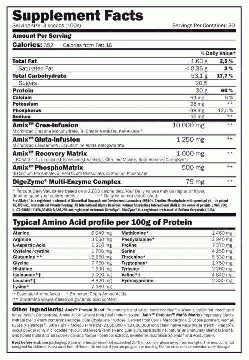 AMIX CARBOJET MASS PROFESSIONAL GAINER 1800g Expiration date at least six months from the date of purchase