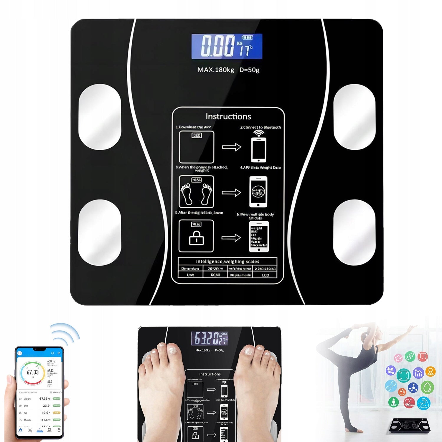 ANALYTICAL SCALE BLUETOOTH COMPONENT OF DIET AND TRAINING FOR FITNESS 02-180KG