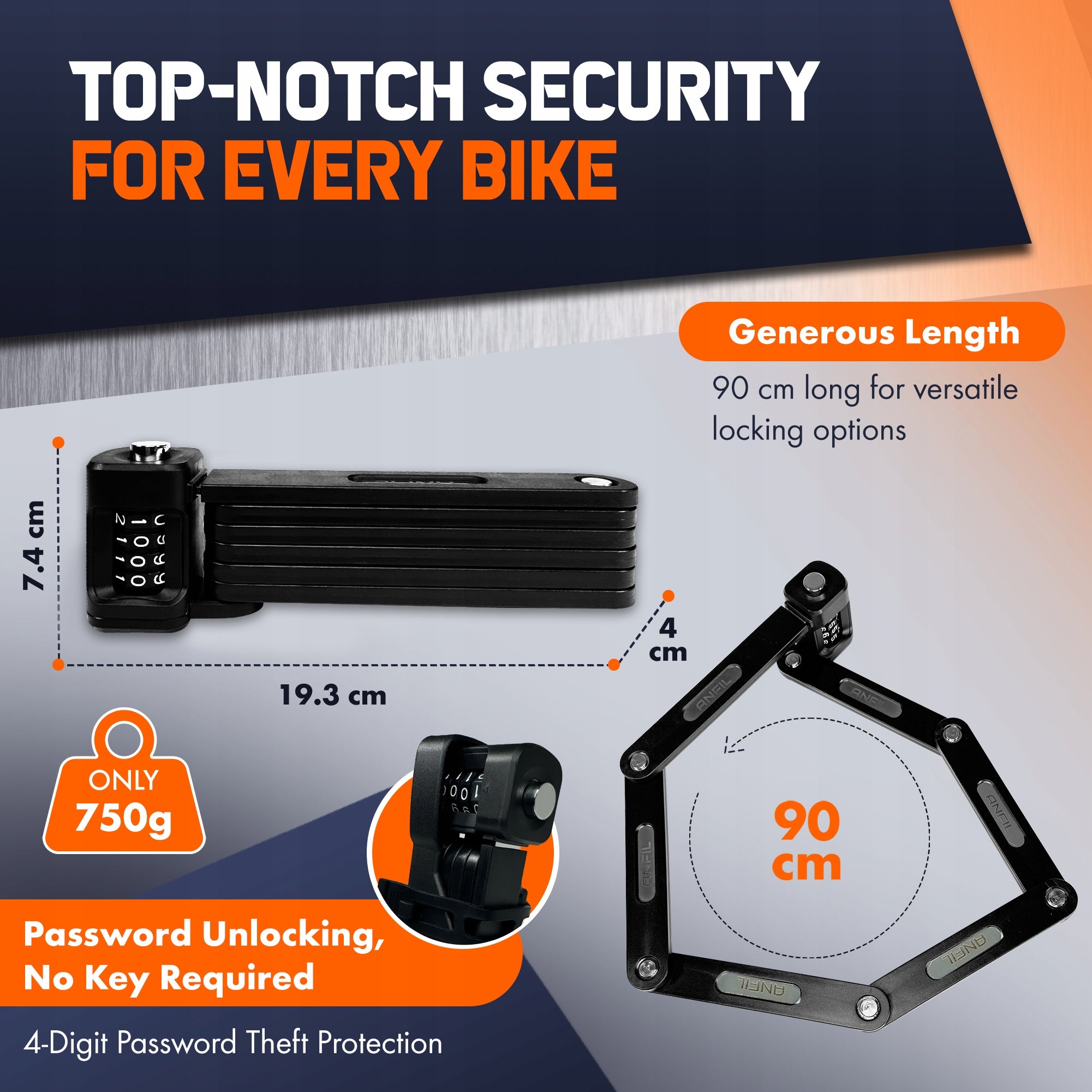 ANFIL Folding Bike Code Lock – Carbon Steel, With High Security, and Holder Manufacturer code FBL-02