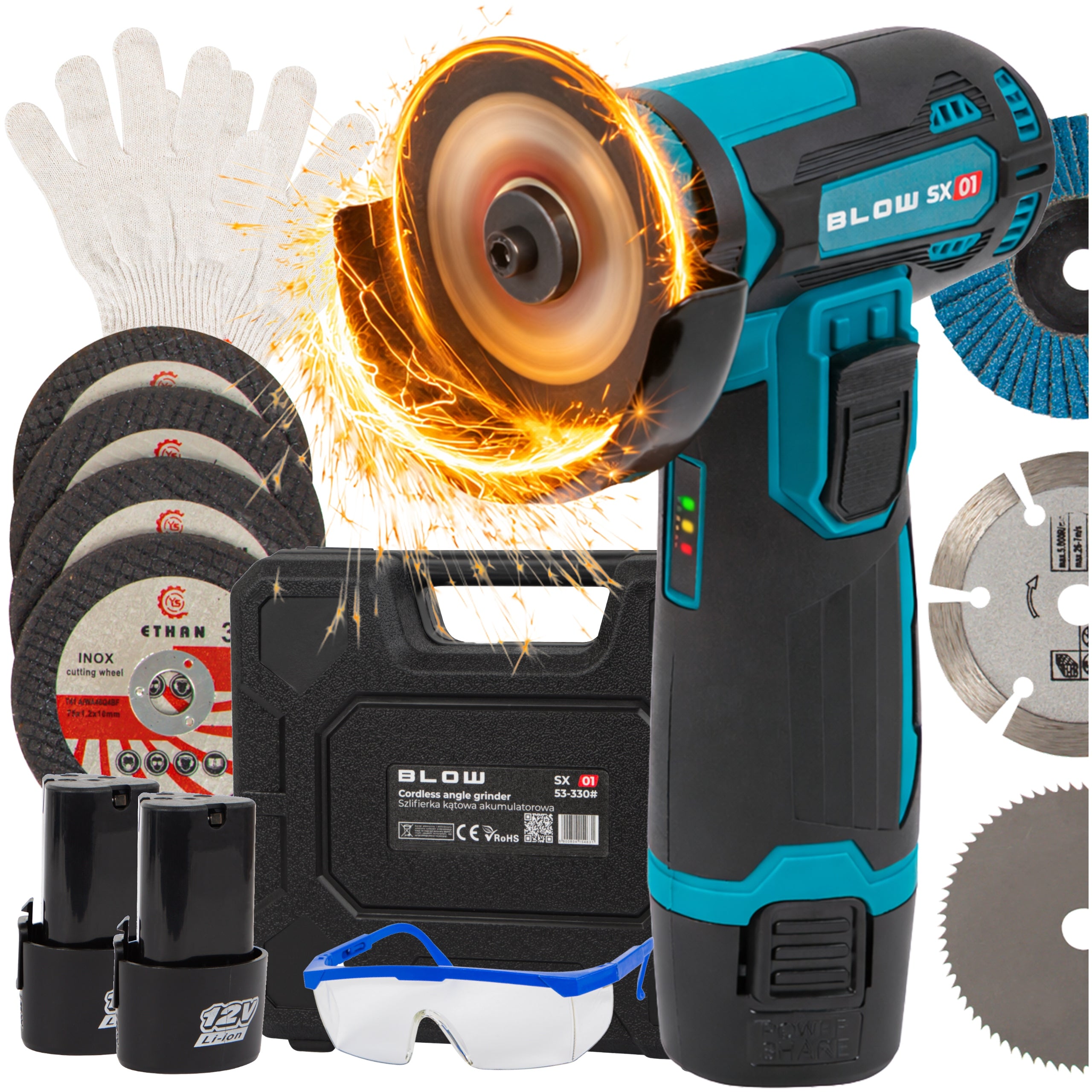 ANGLE GRINDER BATTERY RUBBER BAND 900W 12V 19500 RPM 2x AKU 7x DISC Packaging status original